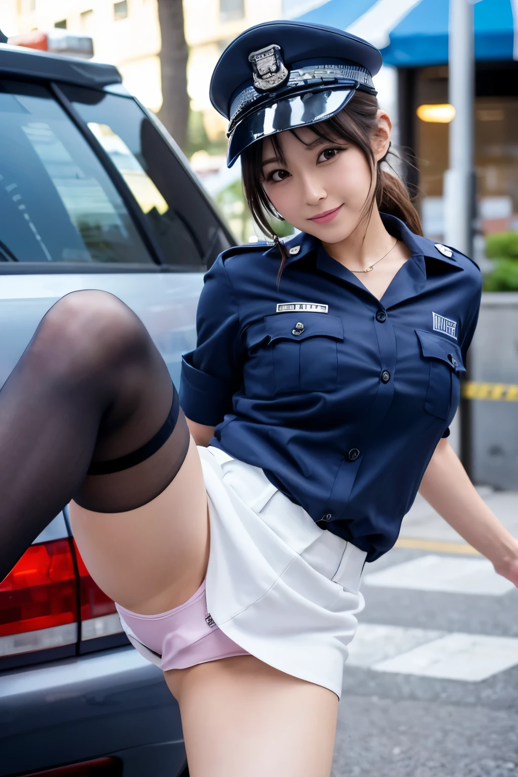 A woman who looks like Dan Mitsu, dressed as a miniskirt police officer and kicking her legs up, married woman gravure idol, sensual gravure idol, beautiful gravure idol, Showa era gravure idol, kawaii, realistic, soft airbrush art, hyper realistic, beautiful face, beautiful legs, in front of the police station
