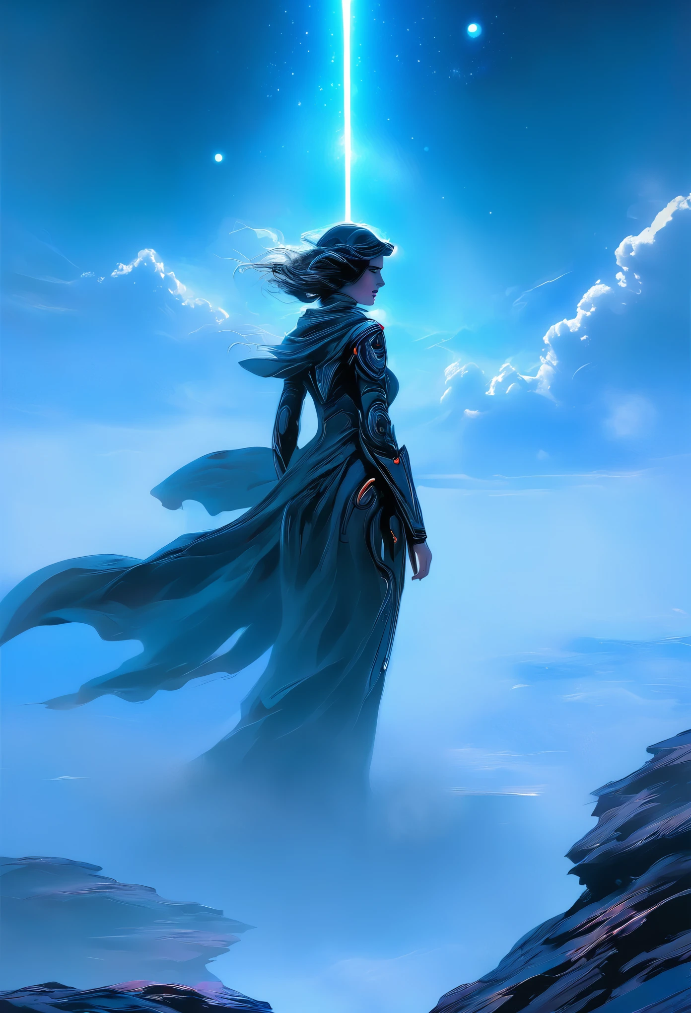 woman standing on the edge of horizon looking at the camera, sci fi art style of the masters,