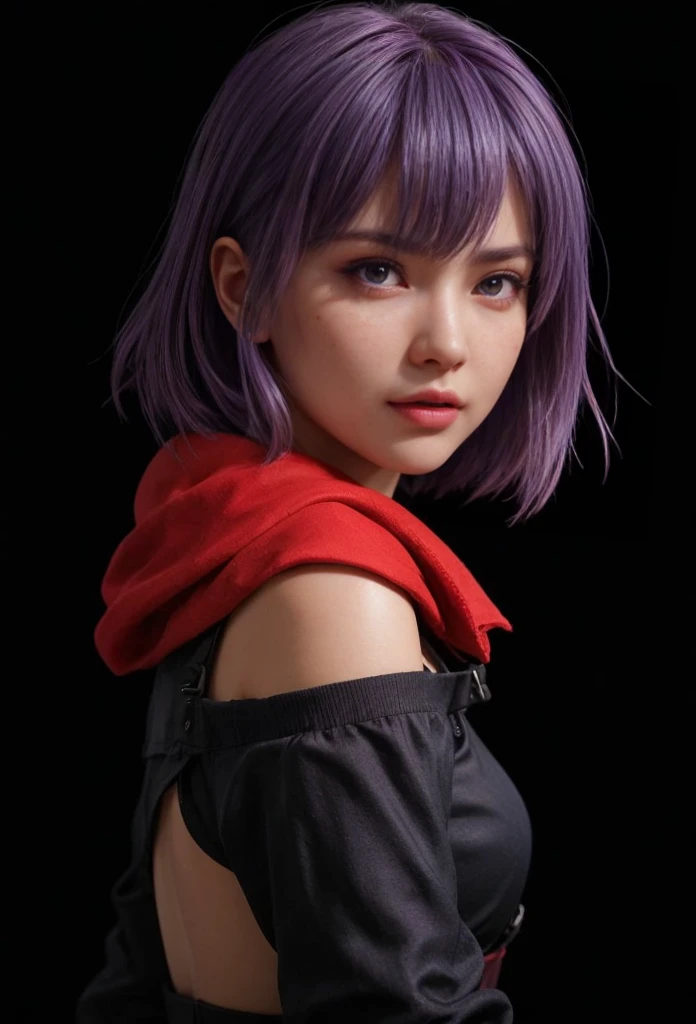 Ayane, purple hair, red eyes, (best quality, ultra-detailed), (realistic:1.37), beautiful and detailed face, ultra-realistic texture, delicate face, delicate body, red lipstick, long-lasting colors. high definition, 8K. expression with a sexy look
