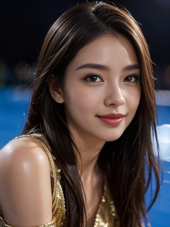 Latex bodysuit、Knee-high boots、Huge 、Long brown hair、Shiny, Oily skin、Glowing Skin、Indoor competition pool、White skin、 Body Portrait, 8k, Narrow and beautiful eyes, Dindal effect, masterpiece, 最high quality, high quality, High resolution, Very detailed photos, (Natural skin texture, Fine skin, Hyperrealism, Ultra Sharpness) , Skin with attention to detail, (Very fine, Fine skin texture, Intricate details, Beautiful Face, (A vivid face), Realistic eyes, Beautiful and detailed, Realistic Skin, Beautiful Skin, surreal, Very detailed, Golden Ratio, Smiling Eyes, ((Night moonlight background)), Body Portrait, glamorous, Shiny Bodysuit