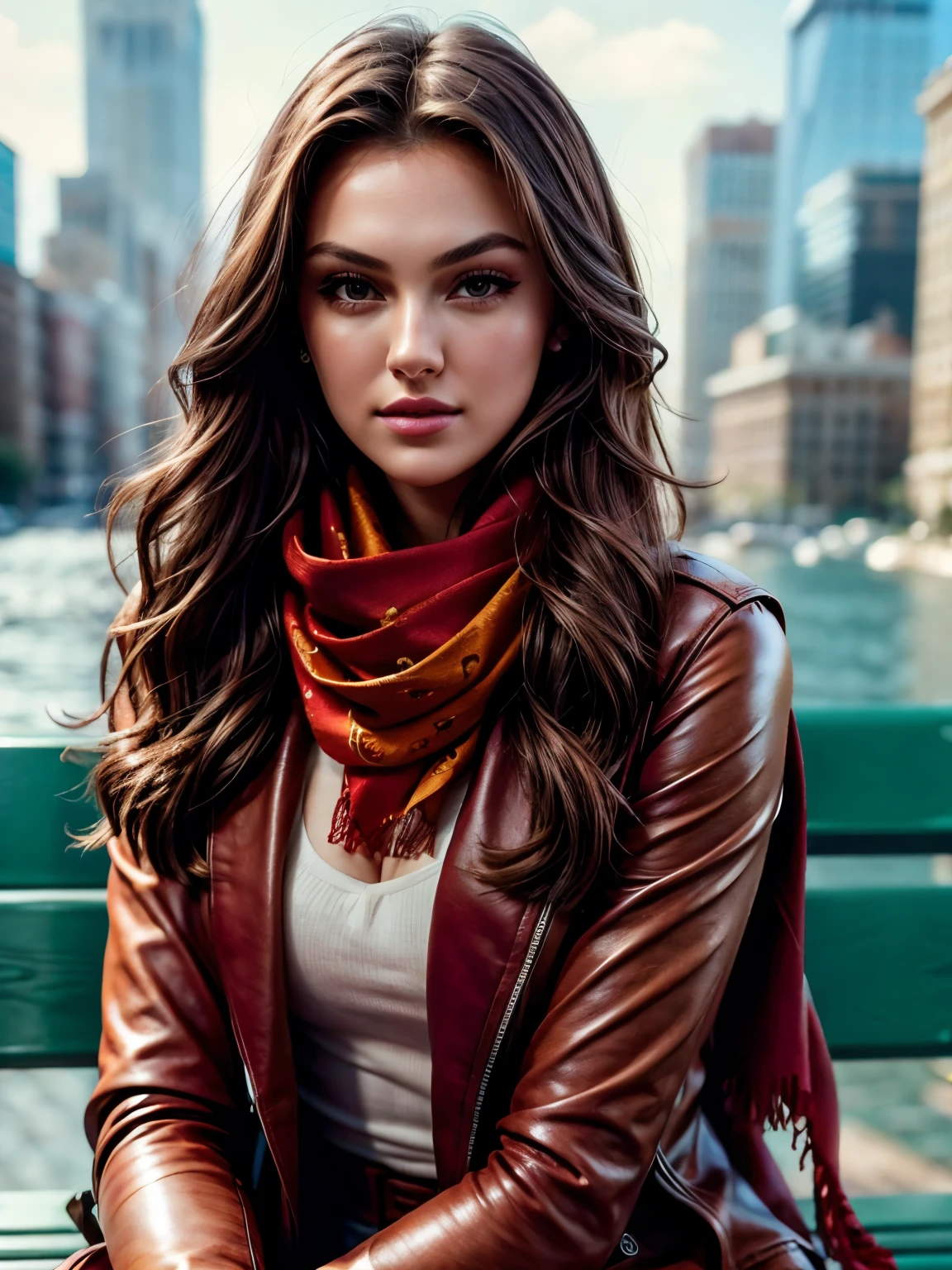 Super Detailed, full body image, gorgeous woman (rachelp1zz0l4tov2), sitting on a bench wearing a scarf and a jacket, red scarf, scarf, wearing a scarf, patterned scarf, athletic fashion photography, professional sports style, red silk scarf, auburn outfit, looking smart, scarf, leather pants, glamorous wavy hair, Perfect anatomy, perfect hair, perfect body, perfect hands, perfect face, UHD, retina, masterpiece, accurate, anatomically correct, textured skin, super detail, high details, high quality, award winning, best quality, highres, 16k, 8k,