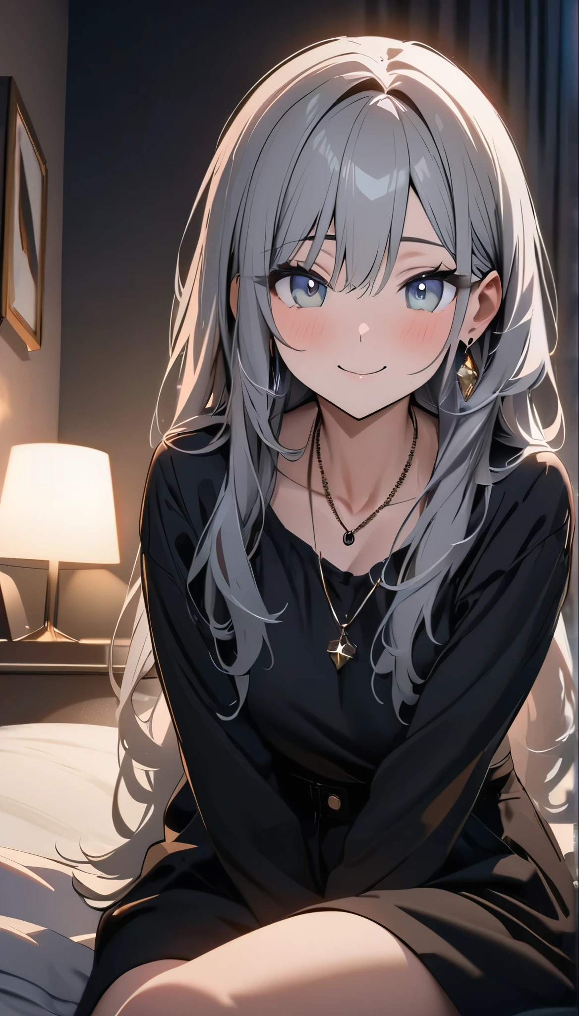 masterpiece, highest quality, Ultra-high resolution, Ultra-fine, 4K, 8k, highest quality, beautiful, Cute Woman, alone, (beautiful,Gray Hair, beautiful eyes, Long Hair, smile), Crossing your legs,Bedroom,night,necklace, Earrings, accessories, bag, Great lighting,Excellent resolution,, Audio Notes