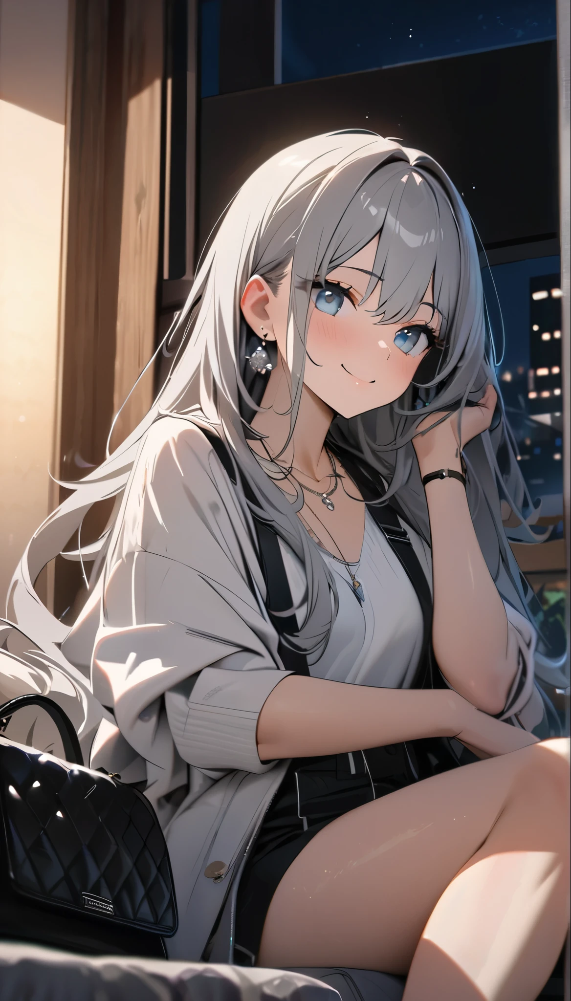 masterpiece, highest quality, Ultra-high resolution, Ultra-fine, 4K, 8k, highest quality, beautiful, Cute Woman, alone, (beautiful,Gray Hair, beautiful eyes, Long Hair, smile), Crossing your legs,Bedroom,night,necklace, Earrings, accessories, bag, Great lighting,Excellent resolution,, Audio Notes