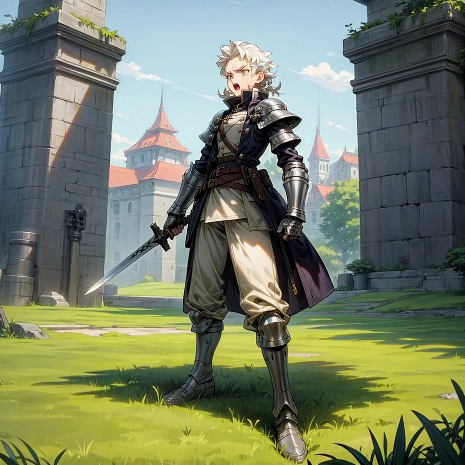 Solo character, man, tall  height, full body version, white eyes, white colour hair, long curly haircut, soldier clothing, heavy armored, belt, boots, outdoor, town, park, medieval, afternoon, standing gesture, detailed clothing, detailed hair, detailed background, open mouth, angry, (Hunter x Hunter style art), sword in hand 