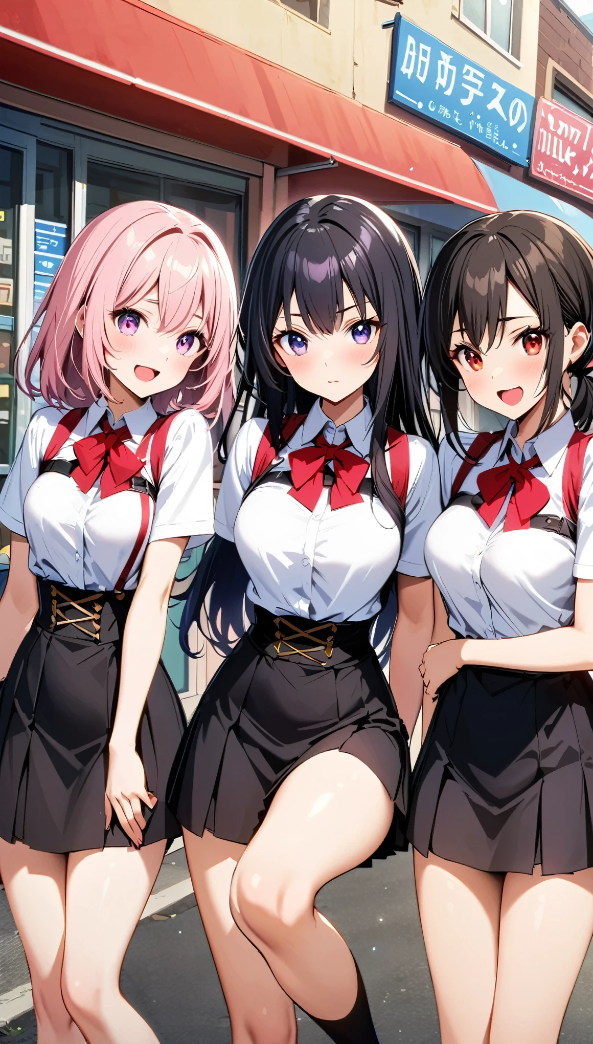 (Lovely eyes:1.2), (Bright Eyes:1.2), best quality,wonderful,Finely,Extremely detailed CG unity 8k wallpaper, (The most popular one in school,3 girls),(((3 girls,,Uniforms))) (The girl in the middle,Cross-waist posture,Long black hair,Red Eyes,), (Girl on the right,White hair,Pink Eyes),(Girl on the left,Pink Hair,Purple Eyes,Looks rude.), (Large breasts:1.1), (open mouth:1.1),(thigh:1.2),(waistline:1.2),Corner store in the background