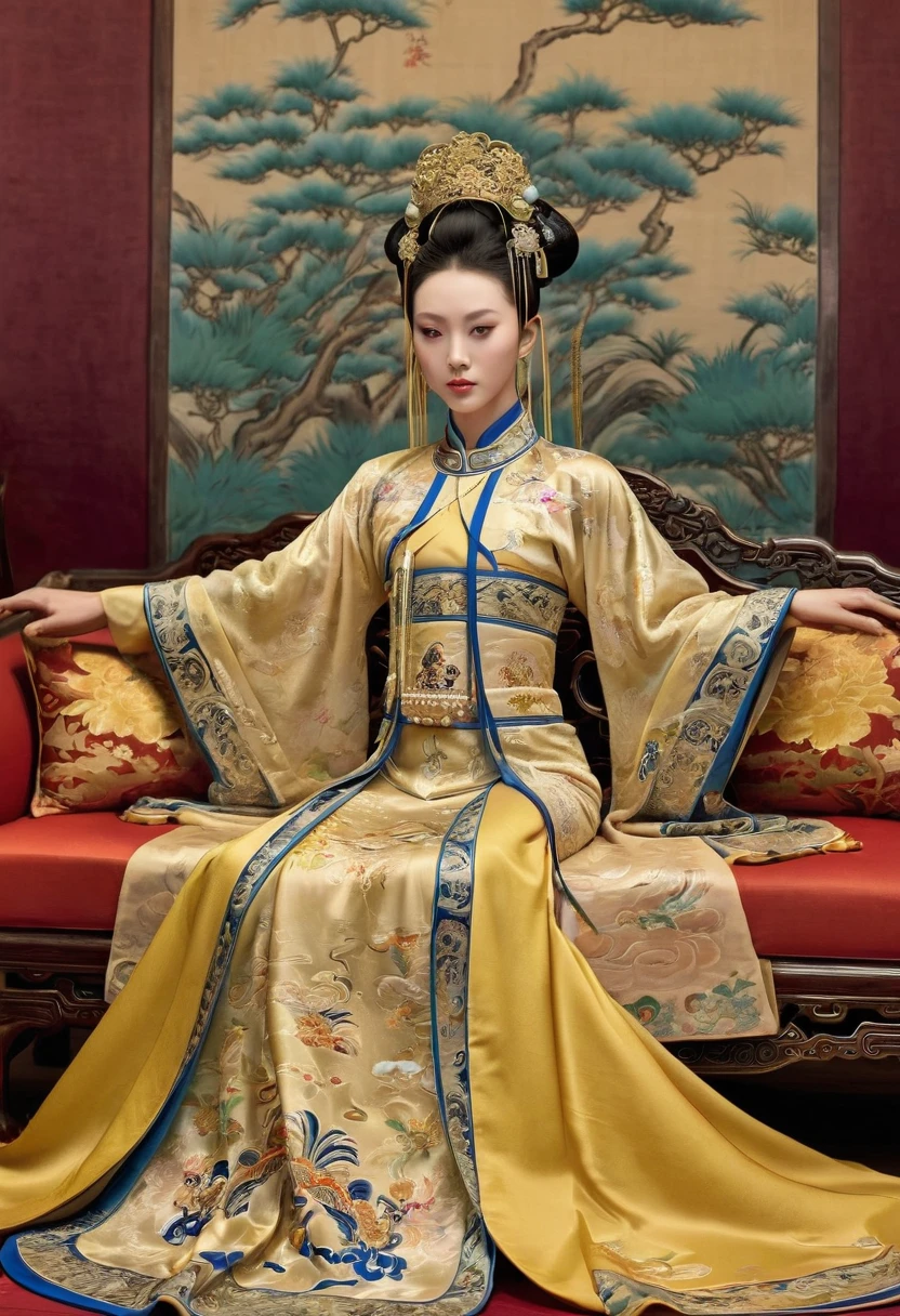 Gorgeous Empress of the Chinese Court during the Qing Dynasty Gorgeous Empress of the Chinese Court on a sofa, nude, large and golden, with her legs on the sofa, wide open, knees bent, in an M pose (pornographic pose), with her hair tied on both sides The background of this perverted and erotic woman wearing a crown and tying her hair is the Chinese court of the Qing Dynasty. The scene is set in the luxurious room of an empress in the Qing Dynasty Chinese court.
Translated with DeepL.com (free version)