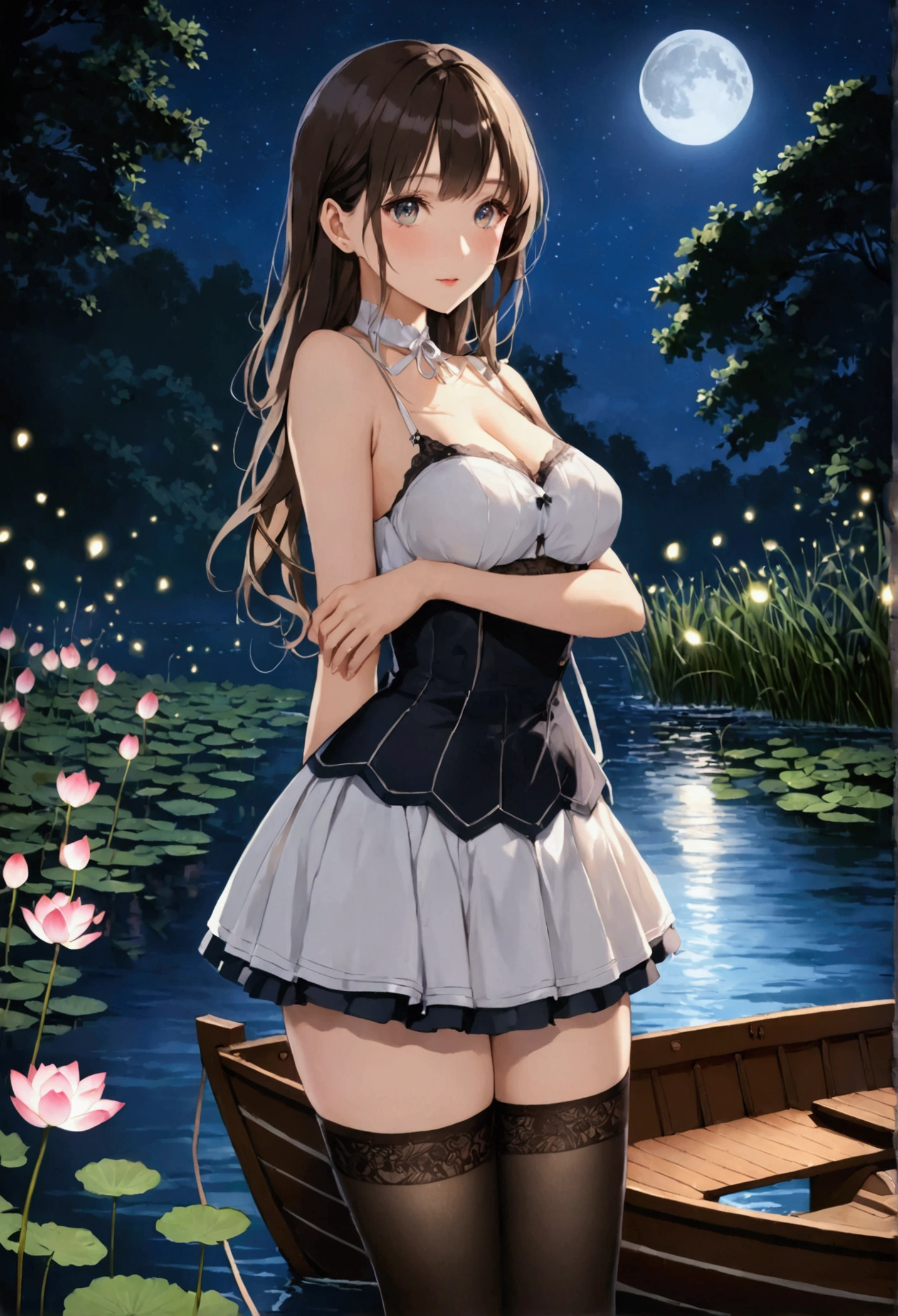 (High quality, 8k, original character), (Fact: 1.5), (Masterpiece, Best Quality, High Resolution: 1.2), Girl, Summer Night, (Stockings Smooth Texture: 1.5), Sexy Skirt, Delicate Eyes, Delicate Image, Boat, River, Face to Camera, A Large Lotus Blooms Behind It, Moonlight, Breeze, Fireflies
