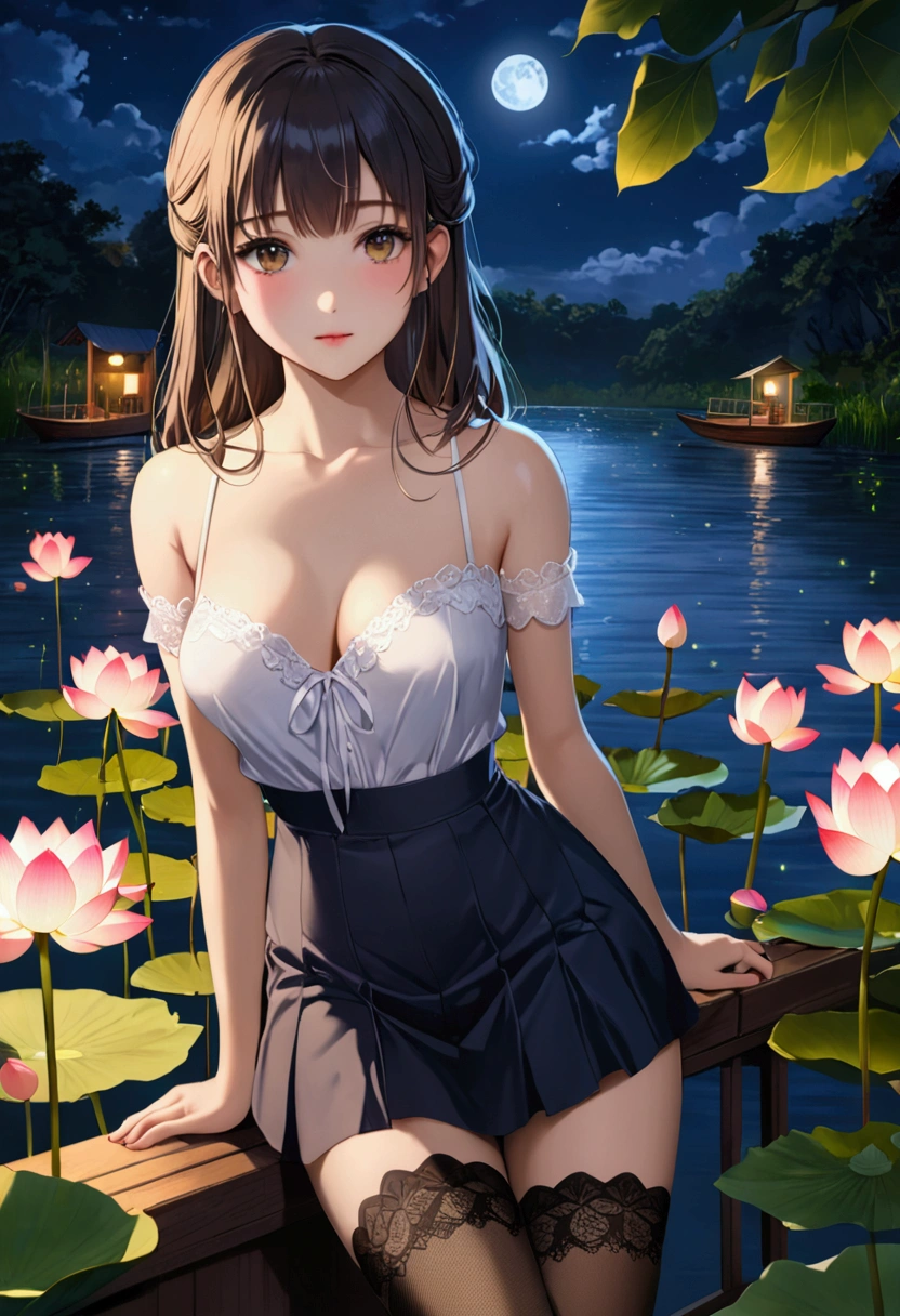 (High quality, 8k, original character), (Fact: 1.5), (Masterpiece, Best Quality, High Resolution: 1.2), Girl, Summer Night, (Stockings Smooth Texture: 1.5), Sexy Skirt, Delicate Eyes, Delicate Image, Boat, River, Face to Camera, A Large Lotus Blooms Behind It, Moonlight, Breeze, Fireflies