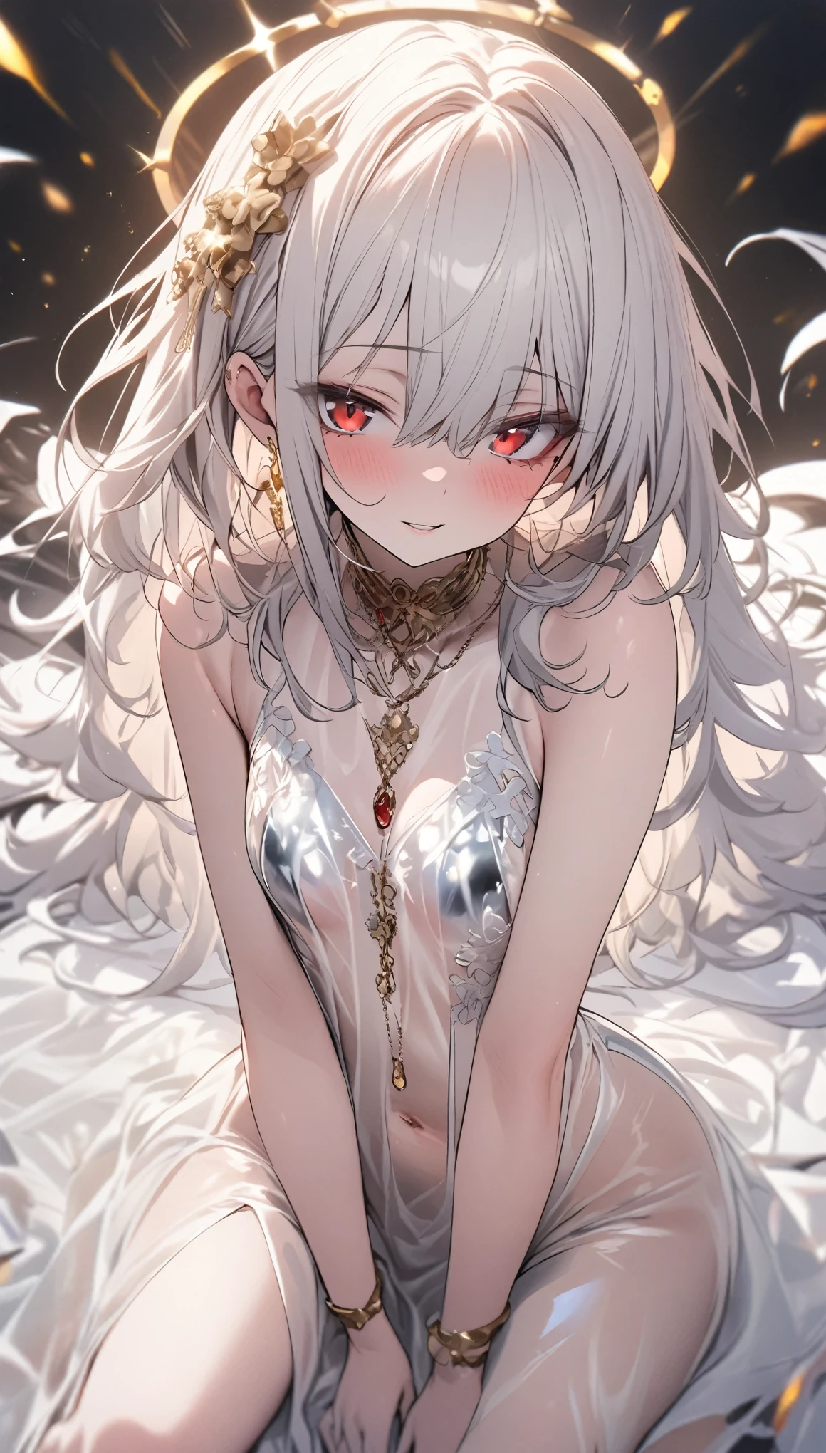 Lori huge breasts cleavage，white color hair，red color eyes，White J