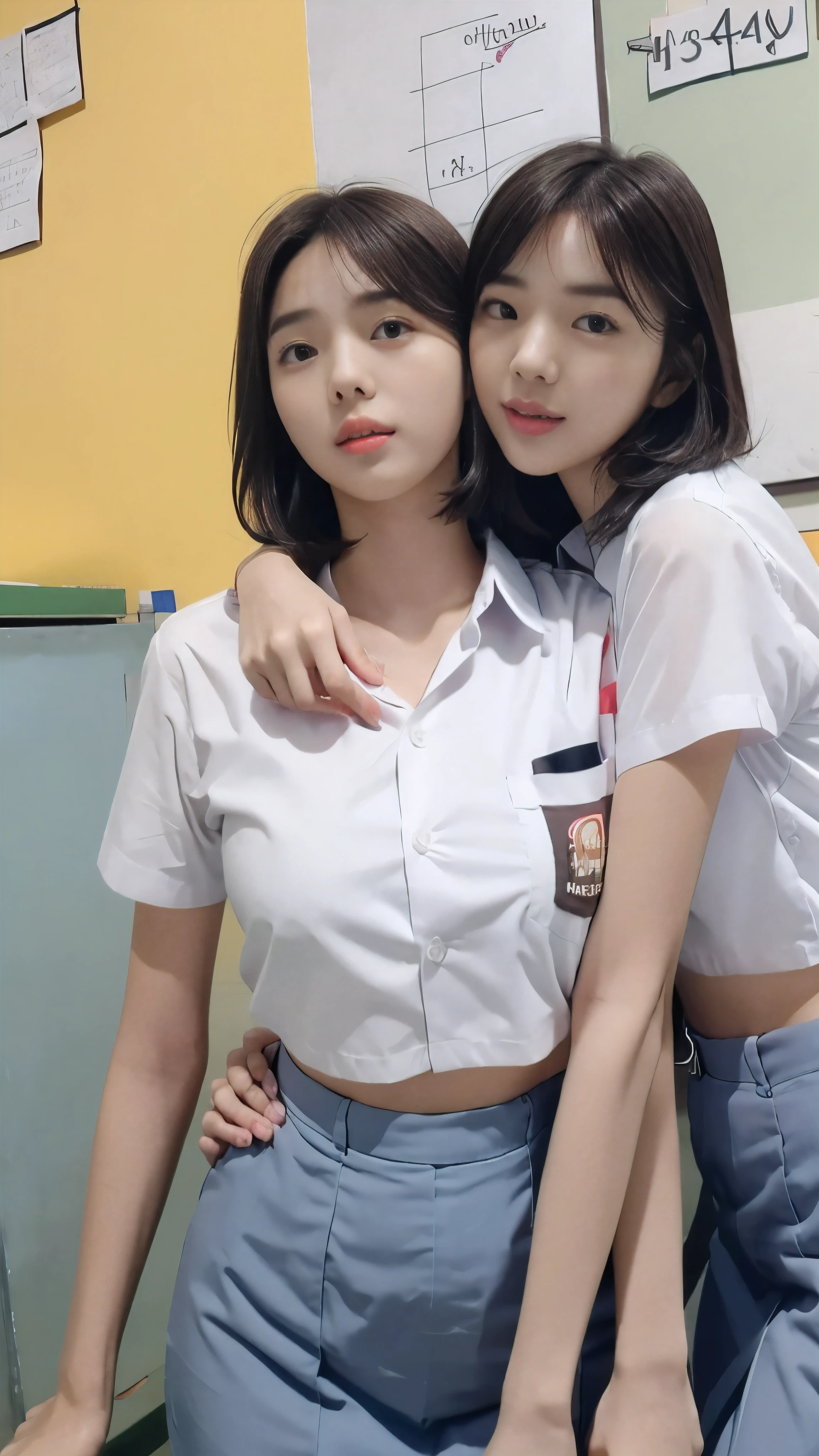 multiple girl, 2girls at foto, RAW, Best quality, high resolution, masterpiece: 1.3), Beautiful young java woman wearing blazeer, vurious pose, standing hug each other, open legs, sensual body, big breasts, Best quality, high resolution, Masterpiece: 1.3, Masterpiece, ((At classroom with whiteboard)), highres, 4k, HDR, 3girls, photorealistic, realistic, big breasts, ((whole body)) turning away facial at viewer, closeup, faint smile, ((crop shirt)) and pencil skirt