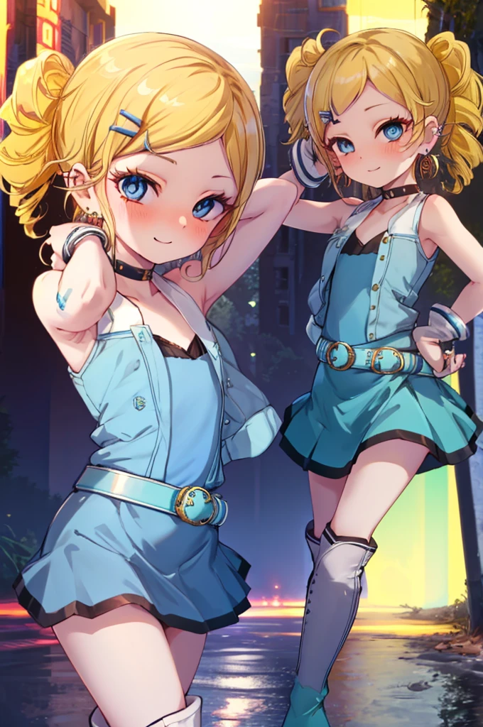 ppgzbb, blue eyes, Blonde, Twin Drill, Hair Clip, Earrings, Best, Blue leotard,Blue Skirt, Short skirt, boots, Are standing, forest,Cowboy Shot, (Pose in front, Squat,Place your hands behind your head.),Straight,
