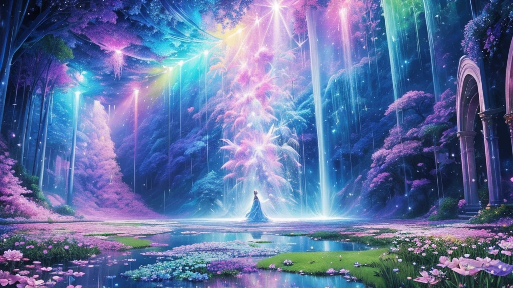 ((masterpiece)),((highest quality)),((high detail)),nobody, Magic Flower, Fantastic landscape, パステルカラーのcrystallization, Colorful rain, A lot of gems, crystallization, Sparkling, Shining Wind