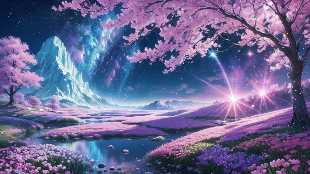 ((masterpiece)),((highest quality)),((high detail)),nobody, Magic Flower, Fantastic landscape, パステルカラーのcrystallization, Colorful rain, A lot of gems, crystallization, Sparkling, Shining Wind