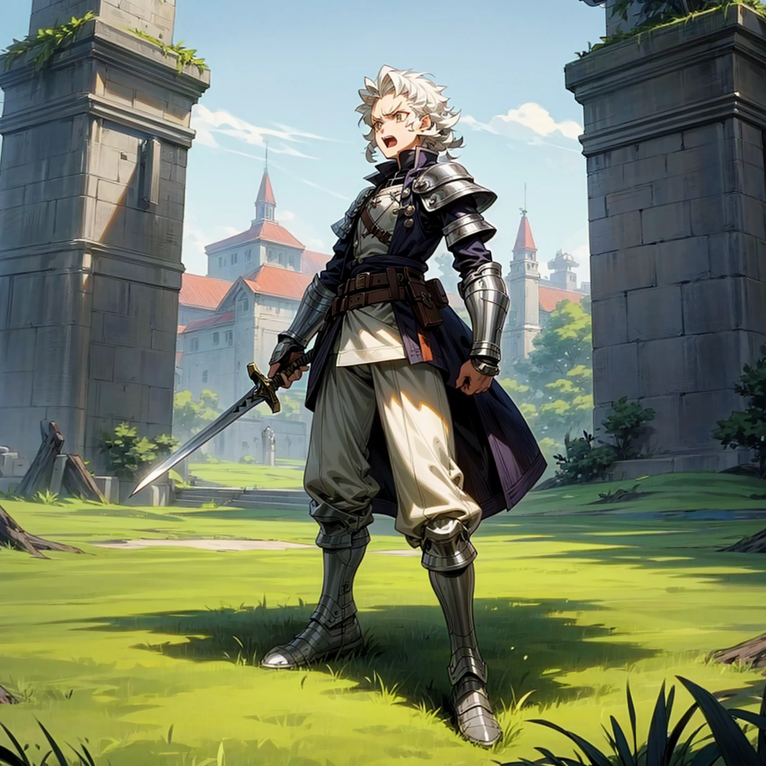 Solo character, man, tall  height, full body version, white eyes, white colour hair, long curly haircut, soldier clothing, heavy armored, belt, boots, outdoor, town, park, medieval, afternoon, standing gesture, detailed clothing, detailed hair, detailed background, open mouth, angry, (Hunter x Hunter style art), sword in hand 