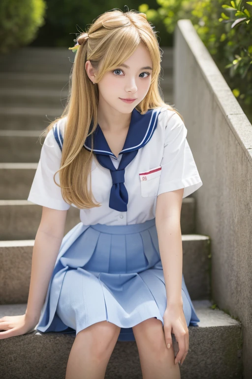 ((Beautiful blonde hair))、((Beautiful blonde hair))、One Girl、((Highest quality、8k、masterpiece))、Sharp focus:1.2、(Small fox ears)、Cute 17 year old girl with perfect figure:1.4、((Detailed image of the skirt))、 ((Detailed image of the skirt))、Highest quality, masterpiece, Ultra-high resolution, (Realistic:1.4), RAW Photos, Full Body Shot, Front view, From below, One Girl, The most famous Japanese idols, Crouching on the stairs, ((Wearing a Japanese high school summer uniform)), ((Very beautiful face)), (Very beautiful big eyes)), Very beautiful hair, Very beautiful skin, Very beautiful long eyelashes, Very beautiful lips, Very beautiful short body, Very beautiful thighs, An innocent smile, View your viewers, Dynamic pose, Detailed play area, ((Detailed matching of Japanese high school uniforms)), ((Detailed image of the skirt)、)((Detailed image of the skirt))、((Detailed image of the skirt))