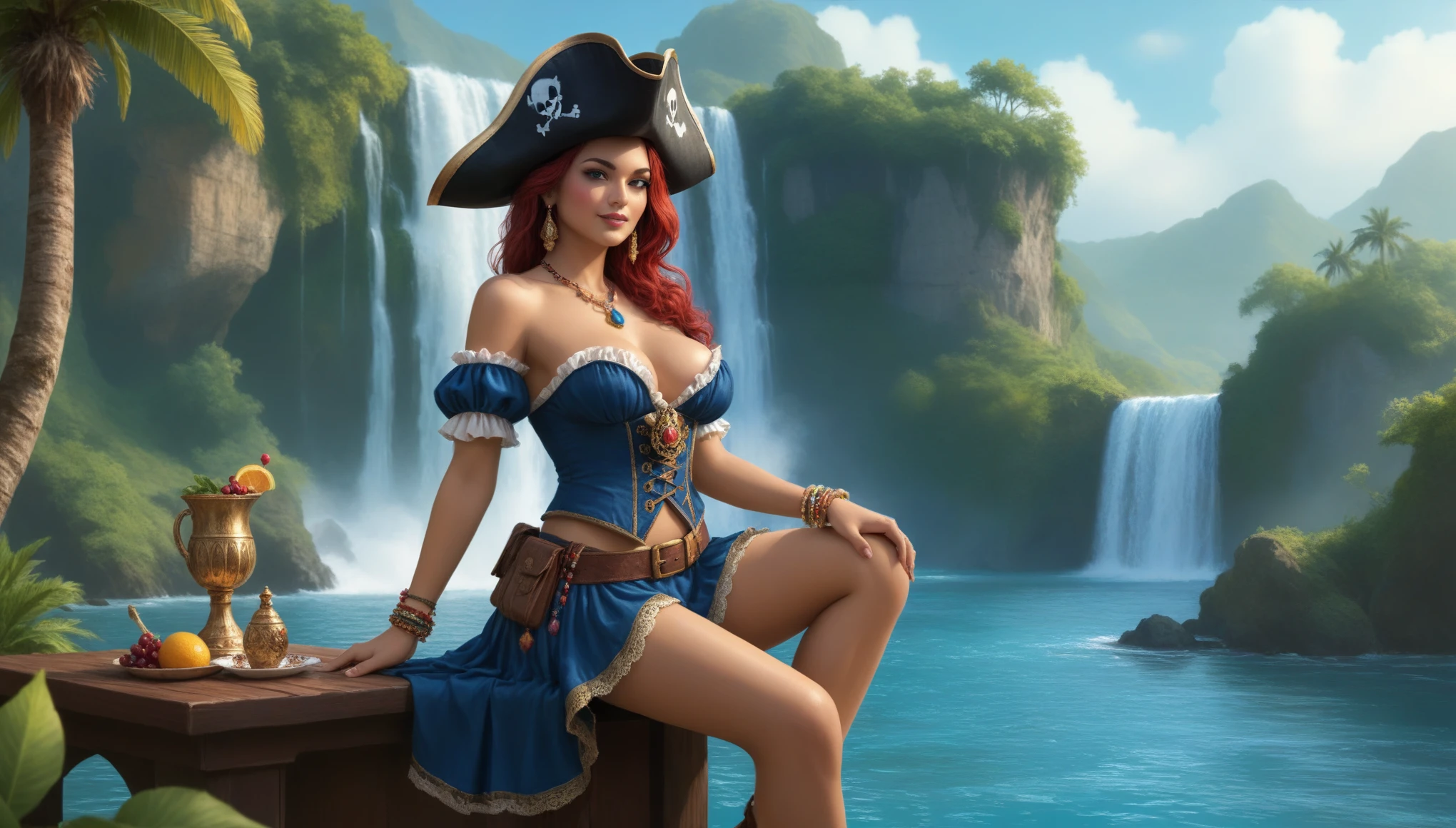 score_9, score_8_up, score_8, source_anime, semi_realistic, 1girl, Pirate Goddess, proud, bracelet, jewels, pirate hat, skimpy pirate clothes, DD cup size. big nipples outline. curvy booty. legs in water, Waterfalls,Island paradise, sunny morning