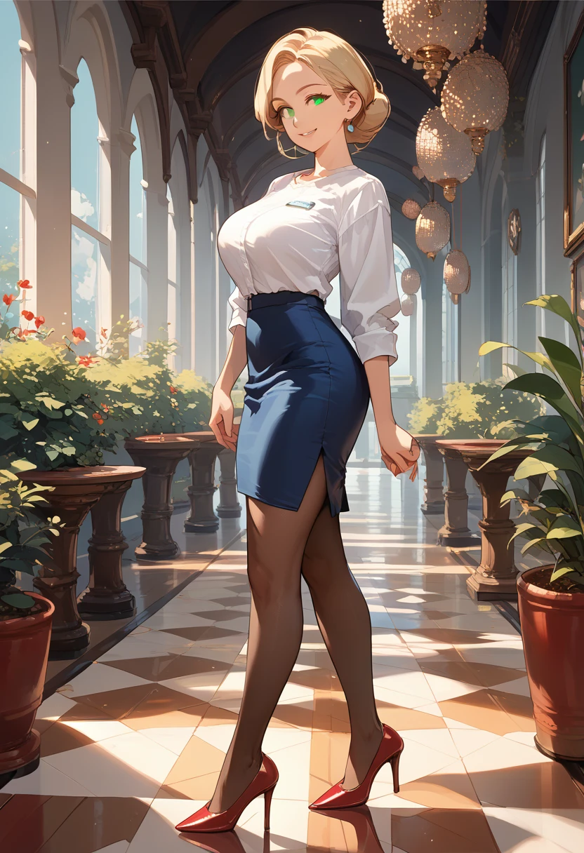 (score_9,score_8_up,score_7_up),1woman,solo,source_anime,mature,big sister,middle age,blonde hair,green eyes, white shirt, pantyhose, (blue skirt:1.2), pencil skirt, red stiletto heels, warm smile, warm eyes, view from side, walking, saying hello, tiled floor, looking at viewer, looking to the side