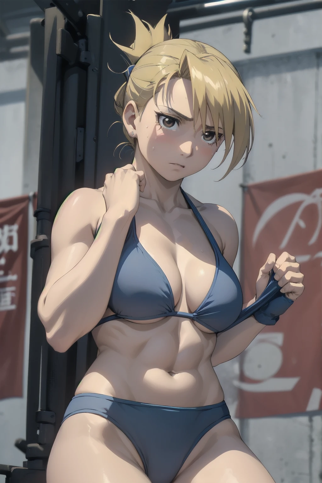 masterpiece, Highest quality, High resolution, One Girl, Hamriz, ponytail, Brown eyes,big , マイクロbikini、Cowboy Shot、Muscular body、blush、Sweat、Composition from the front、anime、(((Light blue bikini、Stand in front、audience、Armpit、Shaking breasts、 fully exposed、Facing forward)))、((Wrestling Arena)), (Female wrestler), (Slender body, 発Sweat, tired), Mature Woman, Mature Woman, (bikini, Very detailed wrestling equipment)