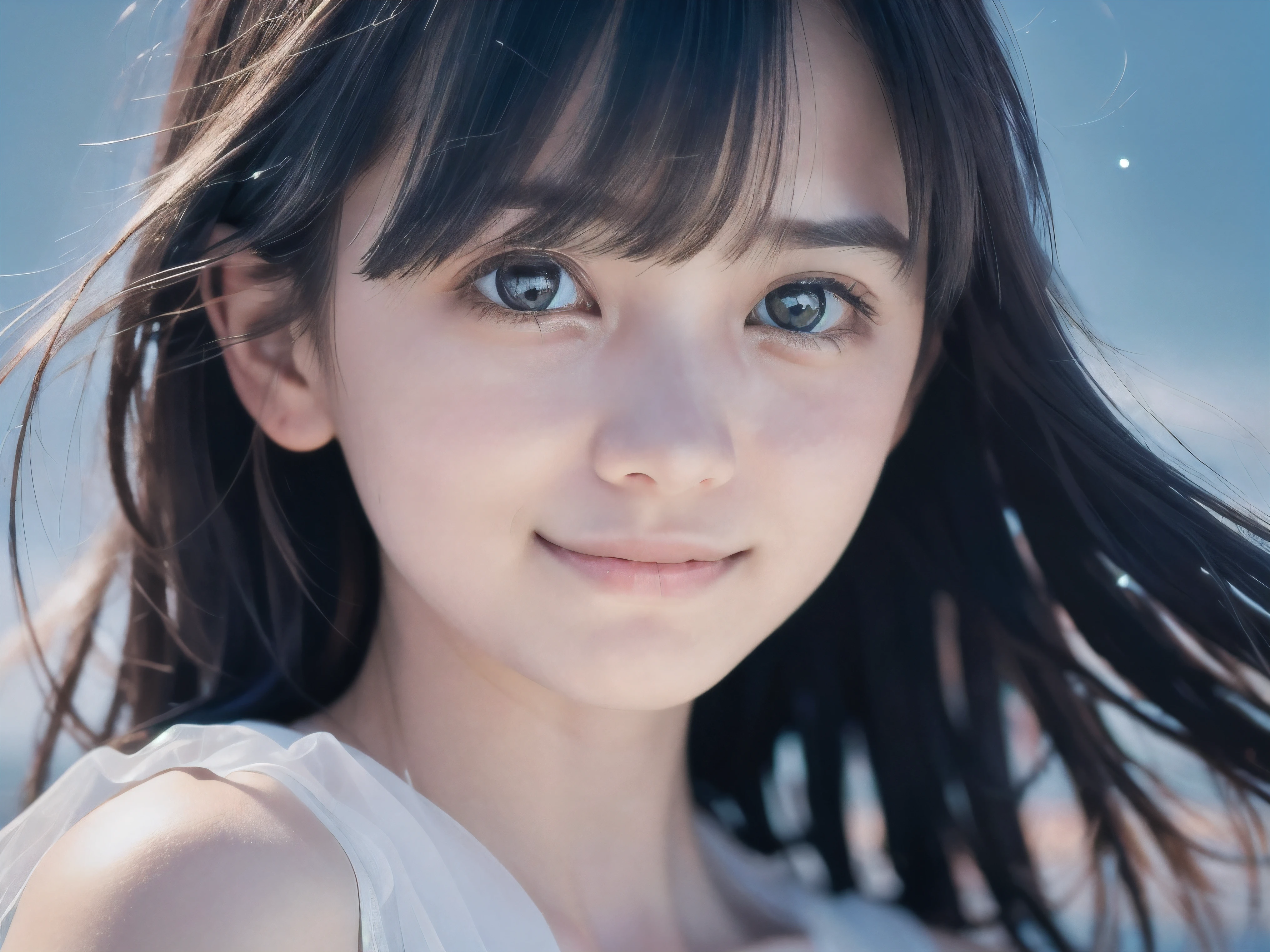 (Close up face shot of slender small-breasted two side up black medium hair with bangs girl wearing a white summer dress with serious face:1.5)、(One girl is crying little smile with tears at the cape of the sea in Japan:1.5)、(Beautiful midnight with  full moon and stars on the sea:1.5)、(blurred background:1.5)、(Natural light:1.5)、(8k ultra detailed master piece:1.5)、(perfect ???????:1.5)、(Photorealistic stick:1.5)、(Raw photo:1.3)、(highest quality:1.5)、(High resolution:1.3)、(Delicate and beautiful perfect face:1.3)、(Delicate and beautiful eye air skin:1.3)、(Real Human Skin:1.3)、((thin legs))