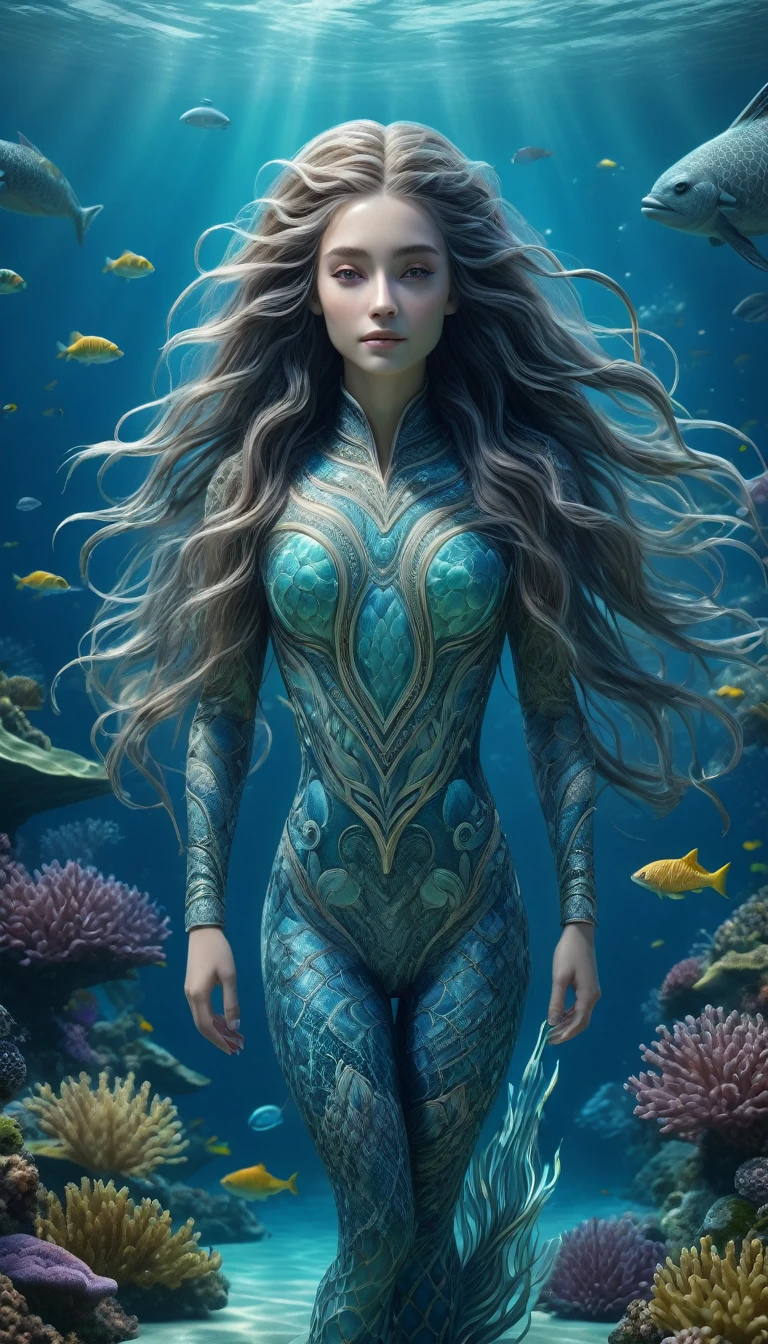 a highly detailed, 4k, 8k, hyperrealistic, ultra-detailed, photorealistic fantasy creature with a long-haired body floating in a serene underwater landscape, intricate patterns on its skin, realistic lighting, masterpiece quality, best quality