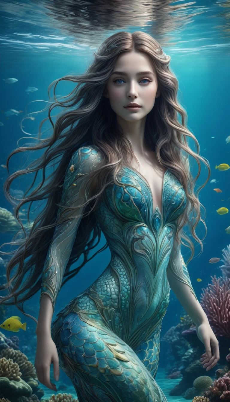 a highly detailed, 4k, 8k, hyperrealistic, ultra-detailed, photorealistic fantasy creature with a long-haired body floating in a serene underwater landscape, intricate patterns on its skin, realistic lighting, masterpiece quality, best quality