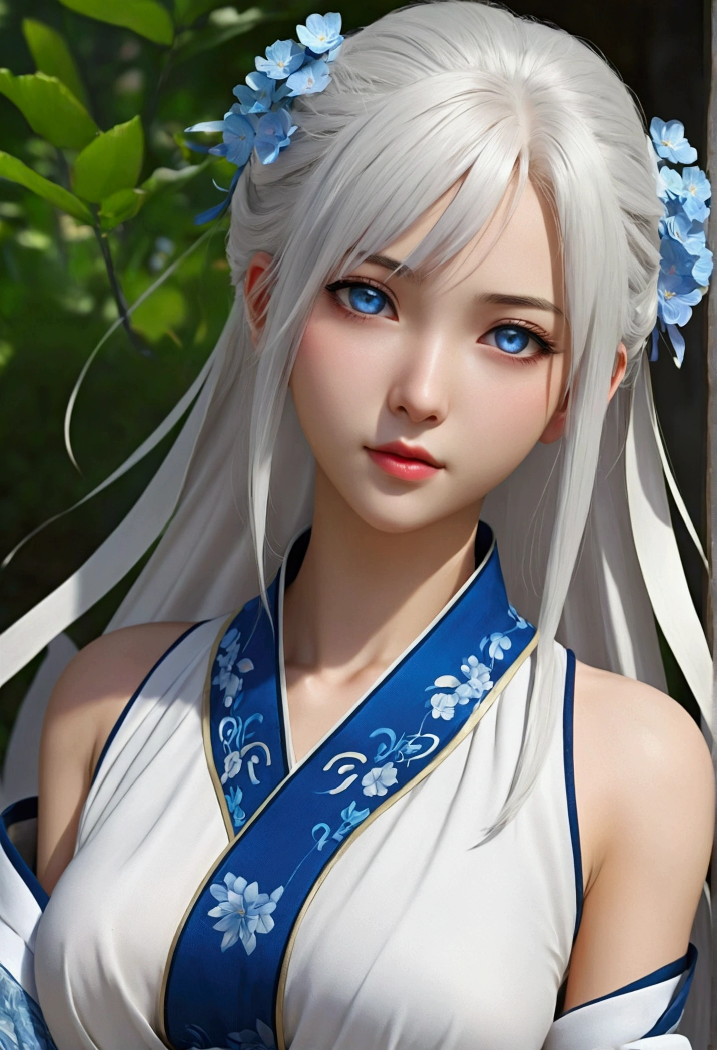 Anime girl, blue eyes, white hair, horny expression on face, matures and Chinese cultivator style clothes and