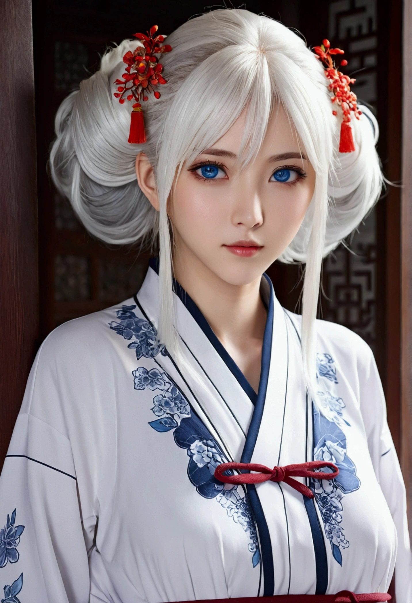 Anime girl, blue eyes, white hair, horny expression on face, matures and Chinese cultivator style clothes and