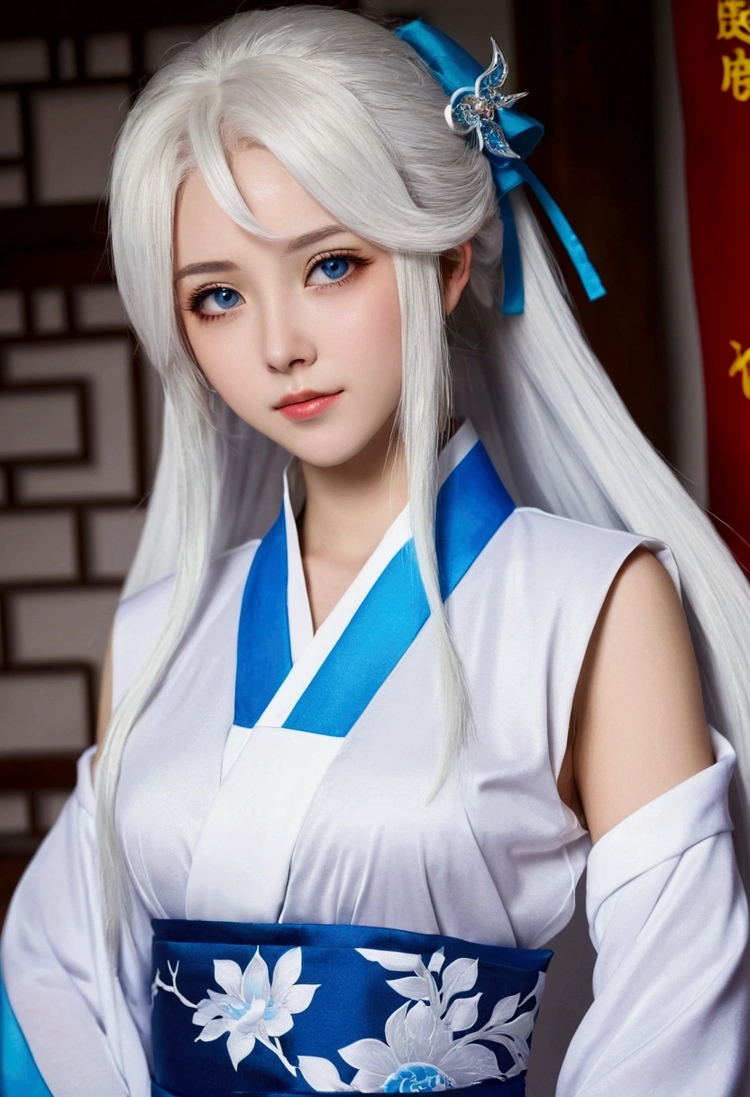 Kagura mobile legends , long white hair, blue eyes,   ,Naked  in the bedroom, solo, While being fucked by a dog