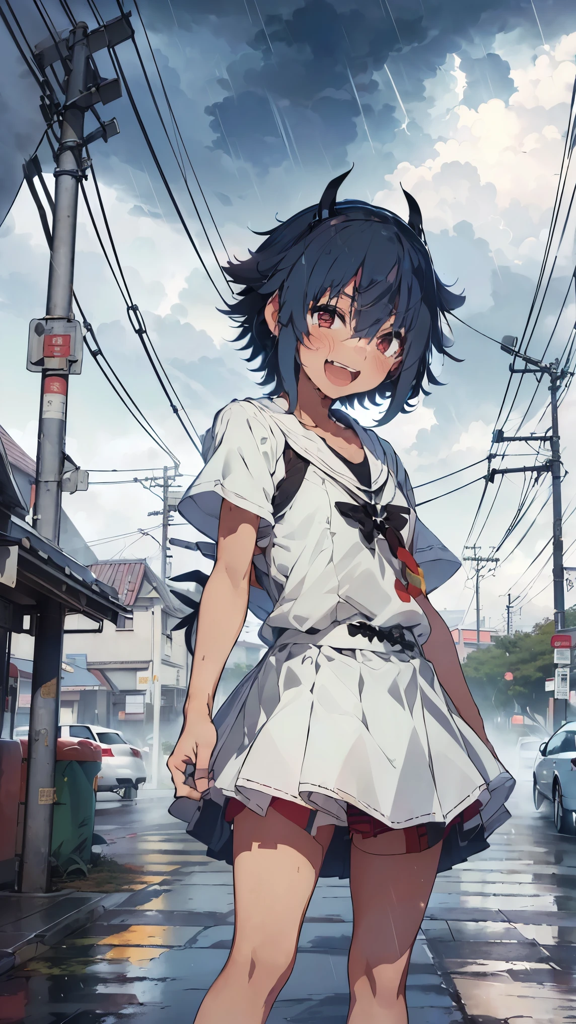 masterpiece, Highest quality, High resolution, Very detailed,(((Mikoto Naruka))), (((laughing。)))、(((Standing in the distance))), (((thunderstorm))), (((Electric pole))), (((Black T-shirt))), (((White Skirt))), (((Cloudy))), (((Rain Clouds))), (((Bus stop in the background))), (((roof)))