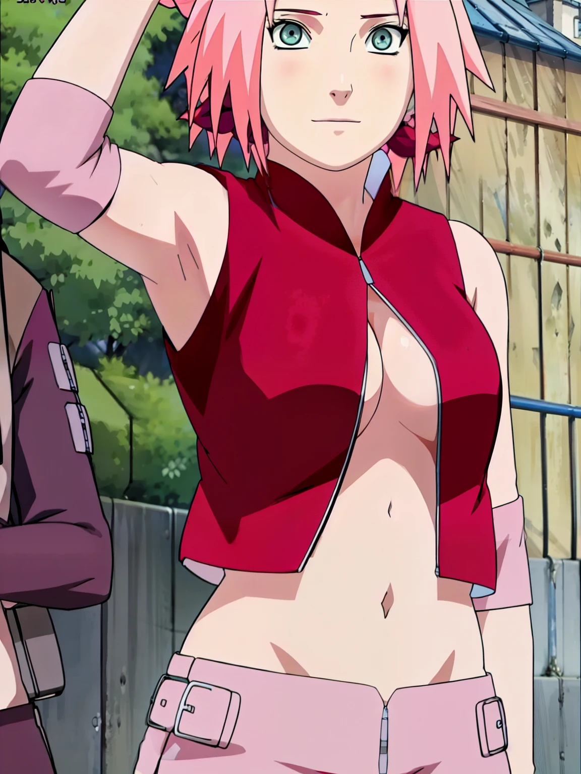 Sakura Haruno nude,wide hips,abdomen,sexy ,Show your armpits,jump,On the tree,NSTDA(( naked,Torn shirt,full body,sleep, In the forest,open shirt,nipple))