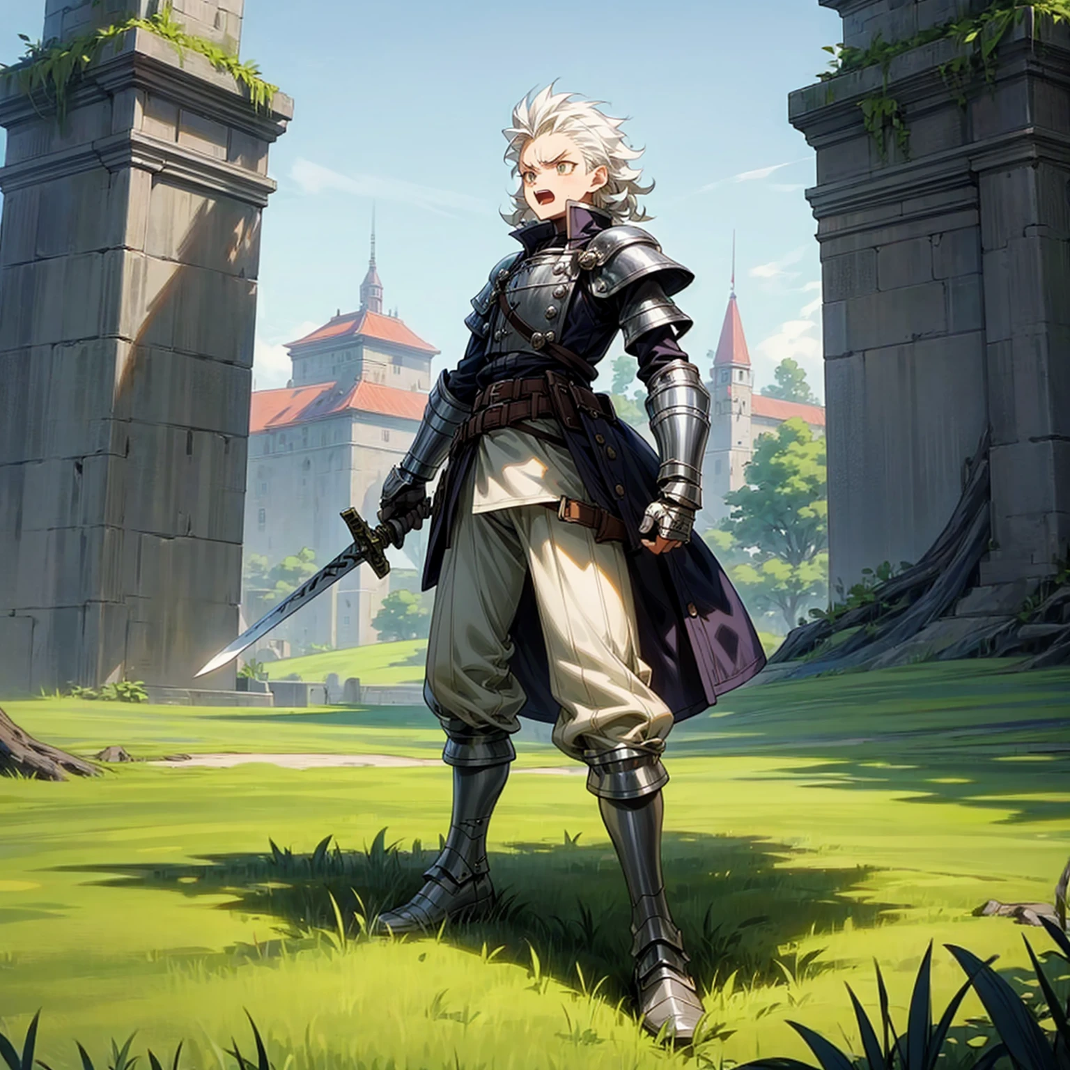 Solo character, man, tall  height, full body version, white eyes, white colour hair, long curly haircut, soldier clothing, heavy armored, belt, boots, outdoor, town, park, medieval, afternoon, standing gesture, detailed clothing, detailed hair, detailed background, open mouth, angry, (Hunter x Hunter style art), sword in hand 