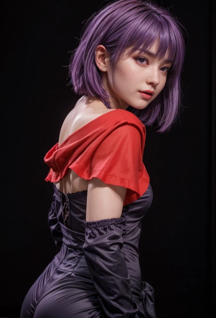 Ayane, purple hair, red eyes, (best quality, ultra-detailed), (realistic:1.37), beautiful and detailed face, ultra-realistic texture, delicate face, delicate body, red lipstick, long-lasting colors. high definition, 8K. expression with a sexy look