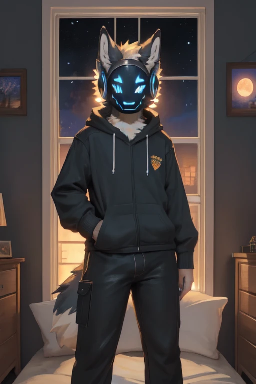 Night, bedroom, NSFW, Inside, furry art, art, lineart, uploaded on e621, uploaded on DeviantArt. Room: Dark, a bed at the left with white blanket and white pillows; a window filled with the moon lights at the right. Protogen: A protogen with bright blue eyes mask and black fur, long fluffy black tail, standing close to the window, front facing the camera, big bulge visible, light gray hoodie, dark pants, Femboy body.
