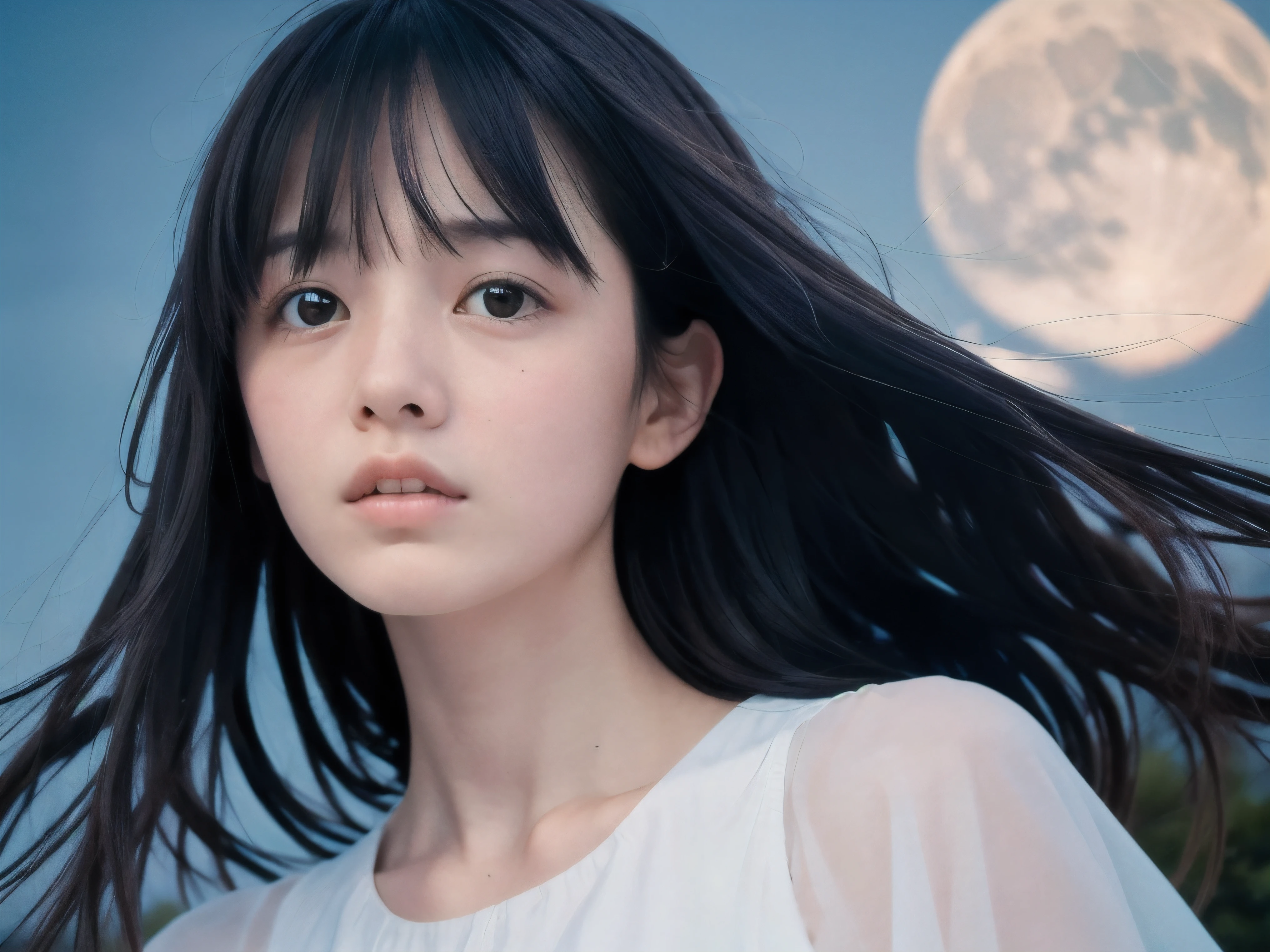 (Close up face shot of slender small-breasted two side up black medium hair with bangs girl wearing a white summer dress with very sad face:1.5)、(One girl is crying with tears at the cape of the sea in Japan:1.5)、(Beautiful midnight with full moon and stars on the sea:1.5)、(blurred background:1.5)、(Natural light:1.5)、(8k ultra detailed master piece:1.5)、(perfect anatomy:1.5)、(Photorealistic stick:1.5)、(Raw photo:1.3)、(highest quality:1.5)、(High resolution:1.3)、(Delicate and beautiful perfect face:1.3)、(Delicate and beautiful eye air skin:1.3)、(Real Human Skin:1.3)、((thin legs))
