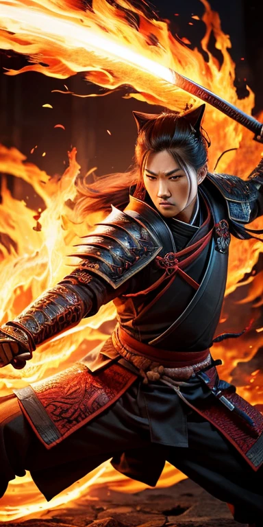 A fierce samurai, detailed facial features, longeyelashes, flaming katana, swirling fire, nine fox tails, full body, anime style, dramatic lighting, vivid colors, intricate details, dynamic composition, (best quality,4k,8k,highres,masterpiece:1.2),ultra-detailed,(realistic,photorealistic,photo-realistic:1.37)