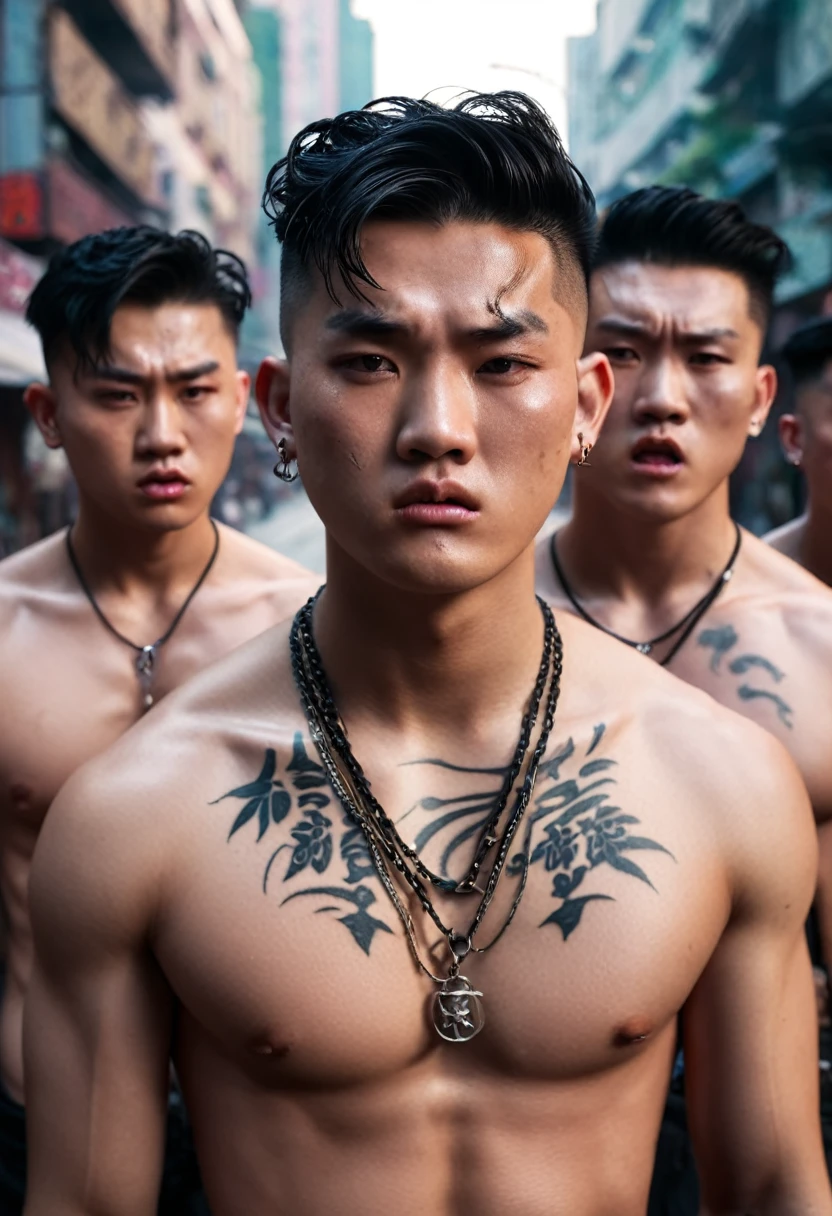 A group of extremely handsome young men, , muscular, tattooed, wearing necklaces, high buns, gangster style, romantic, Hong Kong cinema, street scene. Their eyes are filled with sadness and desire to rise. The background is a trail of blood, violence, smoke and fire. Cinematic light. Photo taken with a Canon EOS R5 85mm f/11 camera, ((sharp)) mode of people and surroundings. Image quality ((8K)), ((realistic)), ((masterpiece)), ((sharpest and highest contrast)), ((excellent depth of field)), ((stereoscopic lighting)). ((angry, ferocious)), detailed pores, ((Direct light on the face)), bright sunlight.
