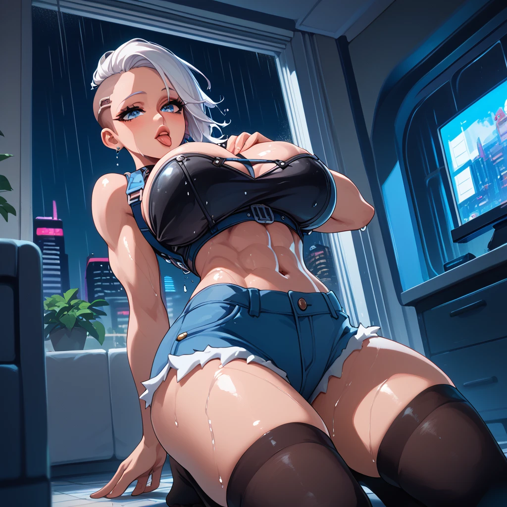 (safe for work) Detailed, 1 female, low angle, wide shot , front facing, huge breasts, white hair, blue eyes, undercut hair, thick thighs, muscular quads, dark brown skin girl, puckered lips, full lips , black stockings top, high waisted, blue shorts, black thigh highs, harness on leg, tiny hearts floating above head, wet tongue, flushed, kneeling, crossed, headed tilted backwards, hands on chest, intricate clothes lining,, night, raining, futuristic, new york city, dystopian city, cozy apartment, living room, floor to ceiling window
