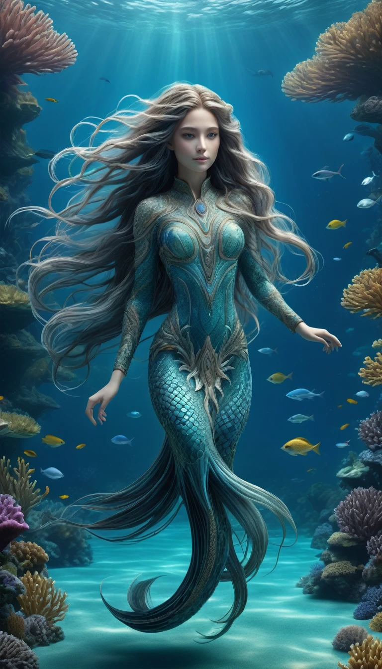 a highly detailed, 4k, 8k, hyperrealistic, ultra-detailed, photorealistic fantasy creature with a long-haired body floating in a serene underwater landscape, intricate patterns on its skin, realistic lighting, masterpiece quality, best quality