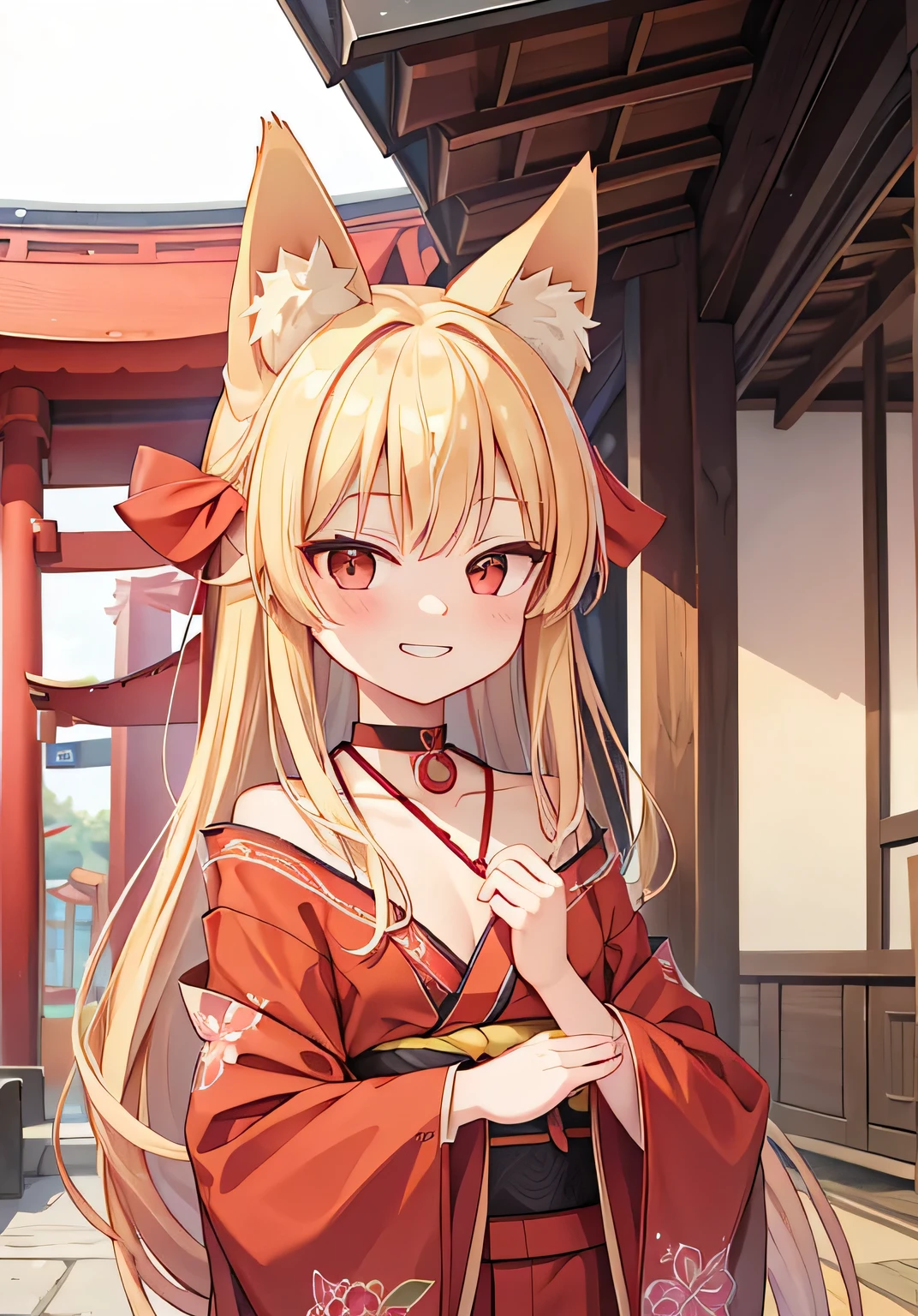 Highest quality、Small breasts、Lori、Red kimono、choker、Fox ears、Long blonde、shrine、Grinning