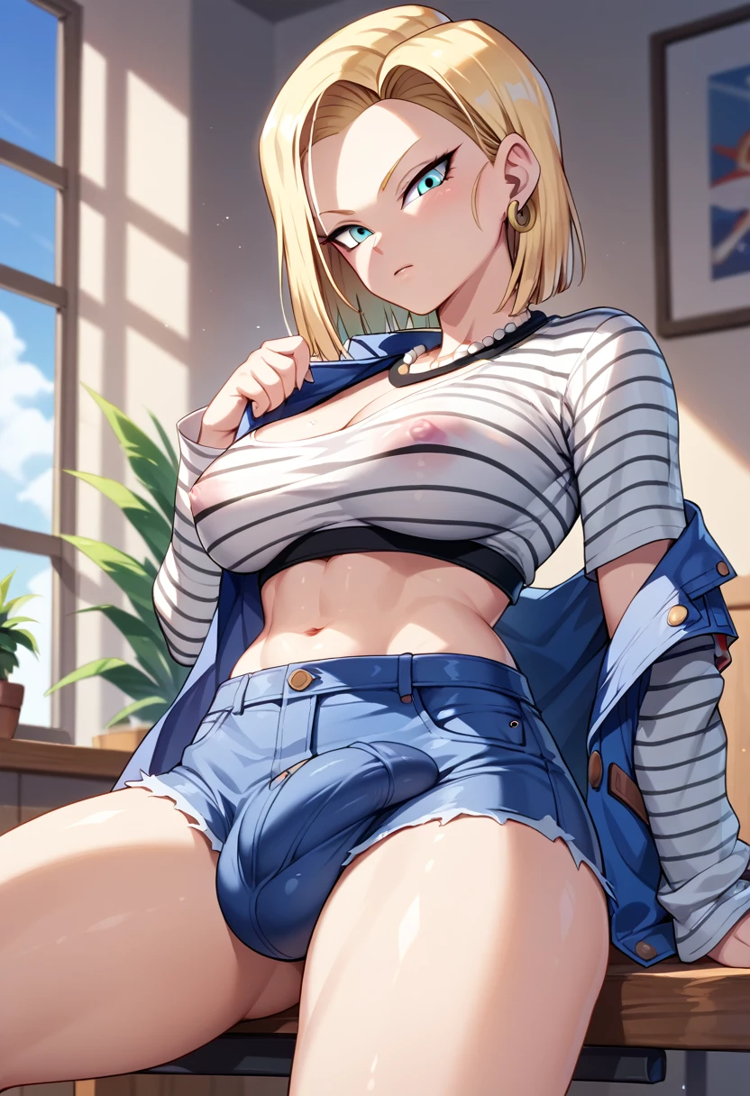 a girl, android 18, dragon ball, android 18, large bulge in the groin, big penis bulge, futanari