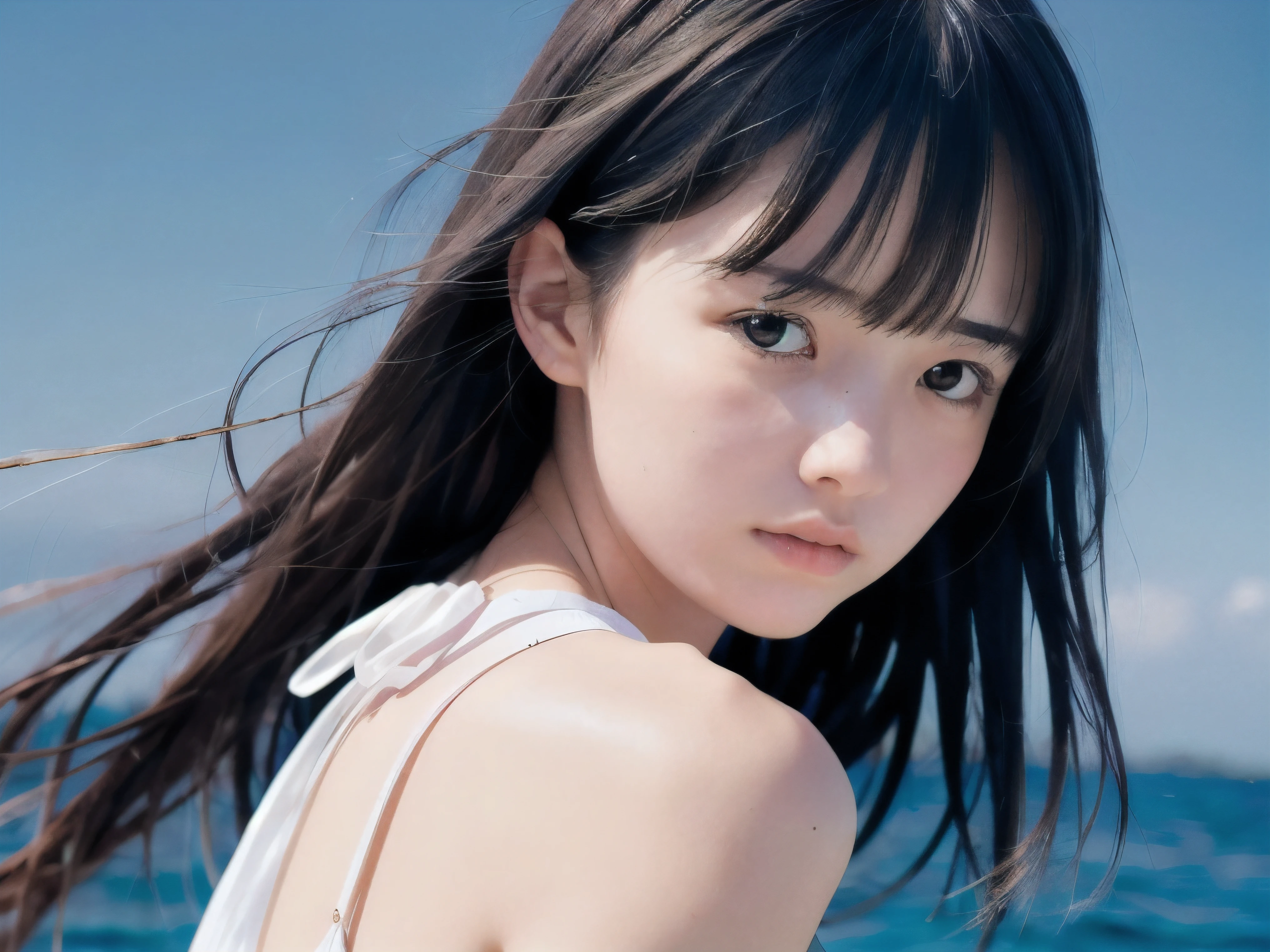 (Close up face shot of slender small-breasted two side up black medium hair with bangs girl wearing a white summer dress with  very sad face:1.5)、(One girl is much crying with tears on her face at the cape of the sea in Japan:1.5)、(Beautiful midnight with  full moon and stars on the sea:1.5)、(blurred background:1.5)、(Natural light:1.5)、(8k ultra detailed master piece:1.5)、(perfect anatomy:1.5)、(Photorealistic stick:1.5)、(Raw photo:1.3)、(highest quality:1.5)、(High resolution:1.3)、(Delicate and beautiful perfect face:1.3)、(Delicate and beautiful eye air skin:1.3)、(Real Human Skin:1.3)、((thin legs))