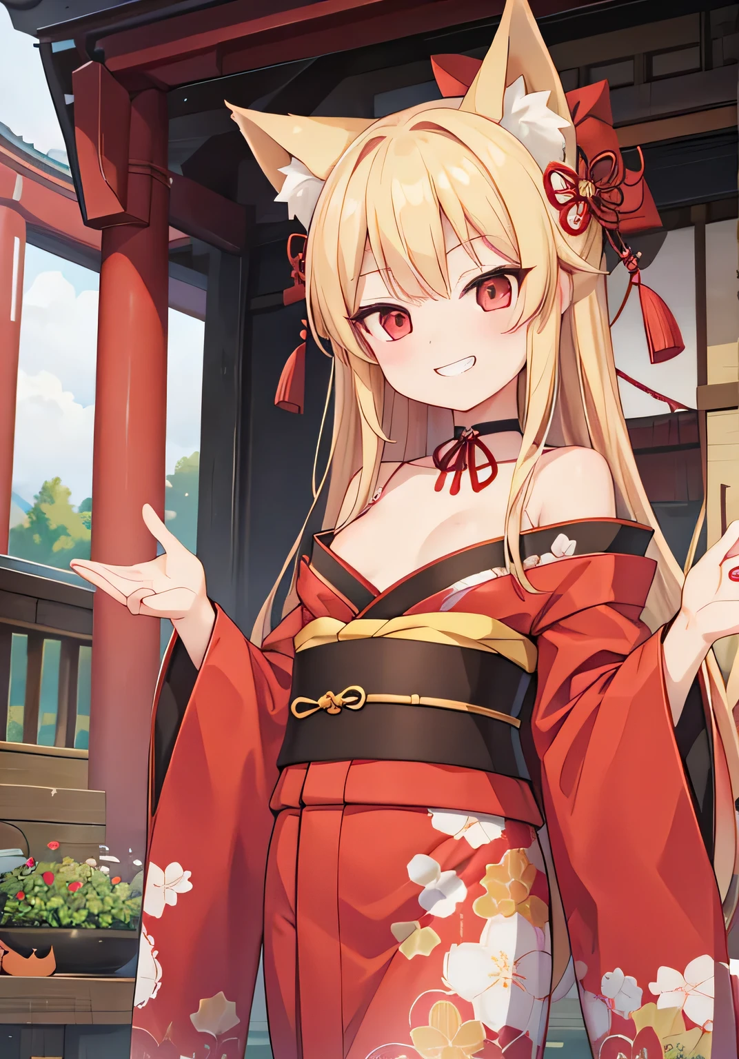 Highest quality、Small breasts、Lori、Red kimono、choker、Fox ears、Long blonde、shrine、Grinning