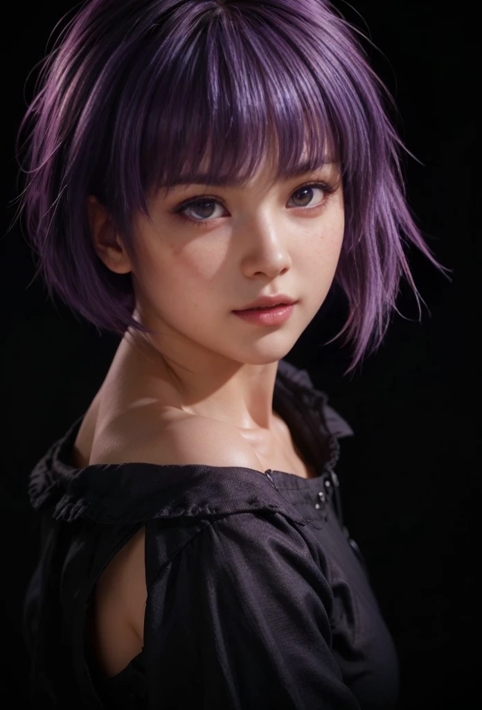 Ayane, purple hair, red eyes, (best quality, ultra-detailed), (realistic:1.37), beautiful and detailed face, ultra-realistic texture, delicate face, delicate body, red lipstick, long-lasting colors. high definition, 8K. expression with a sexy look