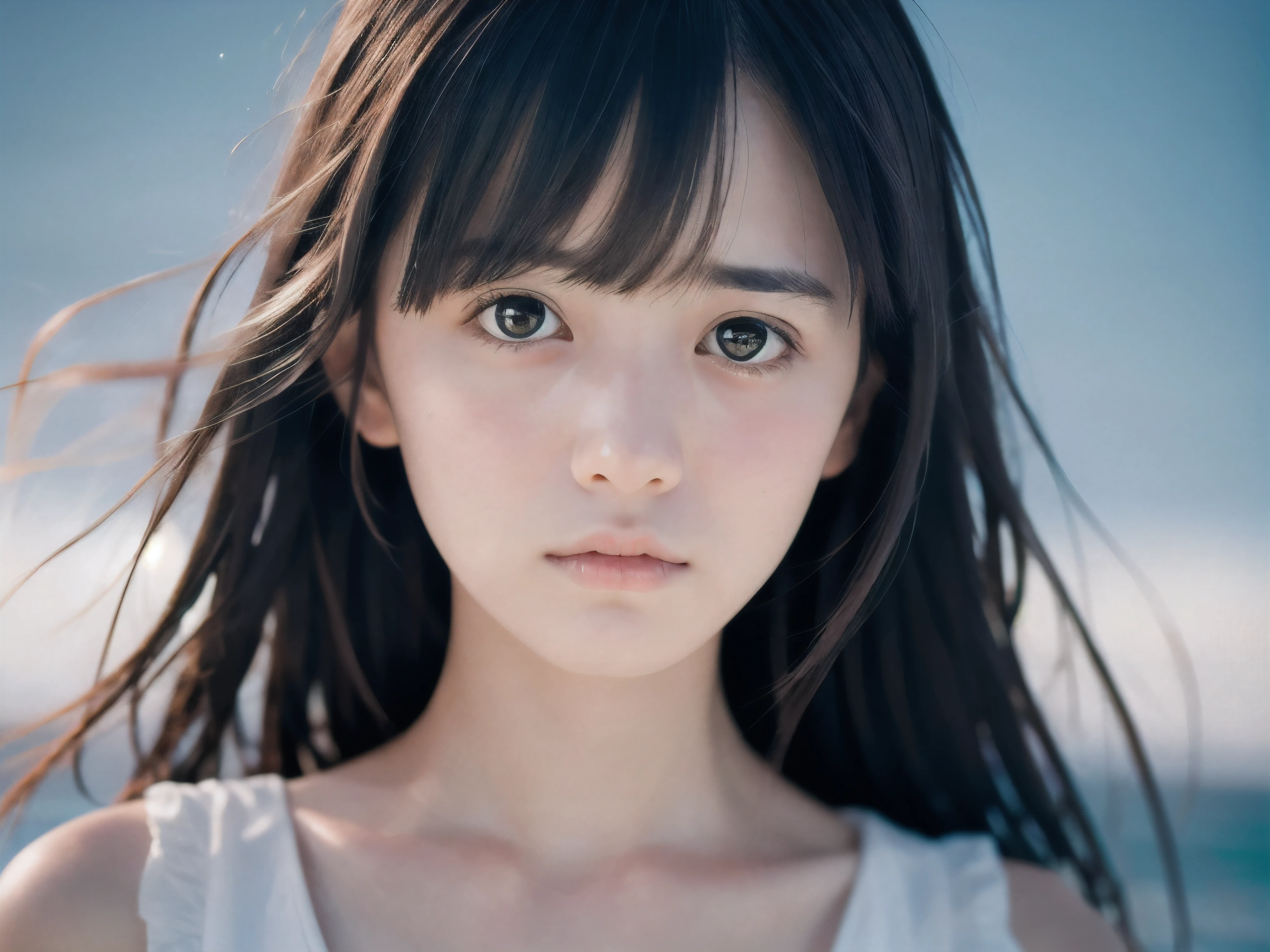 (Close up face shot of slender small-breasted two side up black medium hair with bangs girl wearing a white summer dress with very sad face:1.5)、(One girl is much crying with tears on her face at the cape of the sea in Japan:1.5)、(Beautiful midnight with full moon and stars on the sea:1.5)、(blurred background:1.5)、(Natural light:1.5)、(8k ultra detailed master piece:1.5)、(perfect anatomy:1.5)、(Photorealistic stick:1.5)、(Raw photo:1.3)、(highest quality:1.5)、(High resolution:1.3)、(Delicate and beautiful perfect face:1.3)、(Delicate and beautiful eye air skin:1.3)、(Real Human Skin:1.3)、((thin legs))