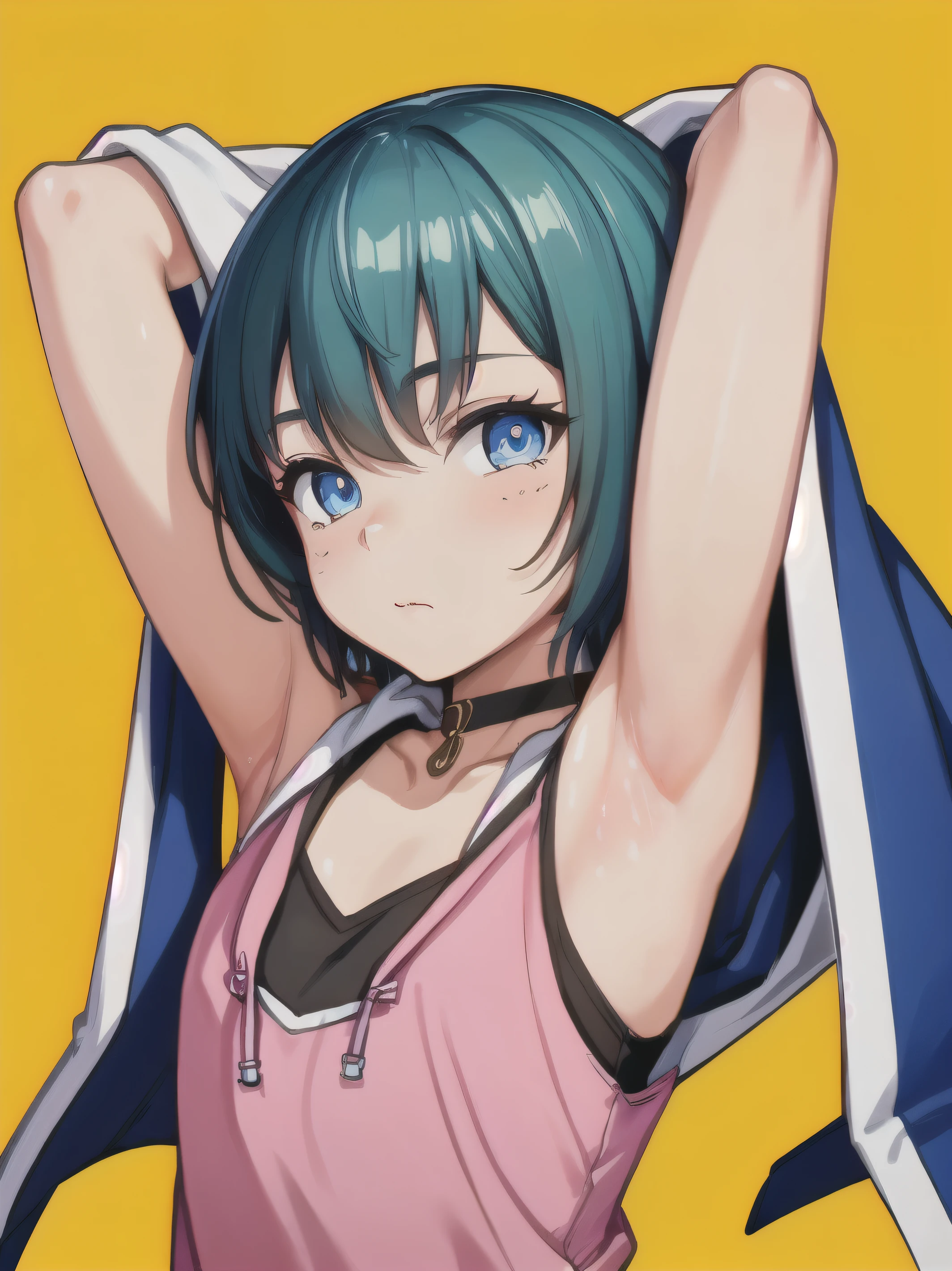 Highres, Masterpiece, Best quality at best,Best Quality,hight quality, hight detailed, Anime style, , 1kid, Boy, Shota, Solo person, Young boy, Upper body, body, Sleeveless hoodie, Choker, bare shoulder, yellow background, (Showing armpit:1.3), Shine closer to the armpit, pink armpit, Sexy armpit, seductive armpits, Such a cute smooth armpit, The armpits of a 12 yeaAdorable little armpits, Give me a proportional picture of a 12 year old boy'svery young boy), (Very small and short body), uhd, bokeh,
(high resolution:1.5),(beautiful pretty cute face, beautiful detailed eyes:1.3),
shiny skin,shiny hair,