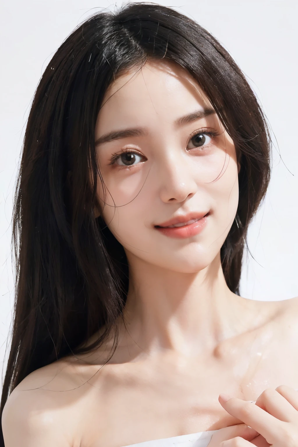 (masterpiece, Top quality, best quality, (Close-up photos: 2), ((1 Girl)), Chinese, White skin, (Extremely detailed face), ((Looking at the audience)), ((((Extremely detailed eyes and pupils)))),((((Extremely delicate lips)))) Zygomatic bone, Plump cheeks, ((Bare chest muscles)), ((Naked chest)), ((Shift Dress)), Bare head, ((Bare shoulders)), Symmetrical frame, (((Strapless))), ((Tightly closed lips)), (((Smile))), ((Symmetrical pose)), (Symmetrical face: 1.6), 35 mm, ((((Minimal pure white background)))), ((No lighting)),No watermark, ((Short hair)),