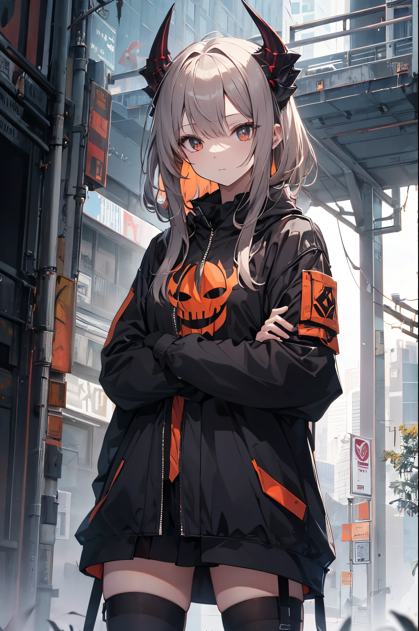 (Highest quality、High resolution、8k、mysterious、masterpiece:1.2)。Gatekeeper of Hell。In front of the gate that emits an evil aura、A woman wearing a cyberpunk orange mask is standing。She's curvy yet slender。Smiling and showing teeth。The beauty of lighting created by light and shadow。That's pretty detailed.。Dark skin and light eyes。The long white scarf around her neck is fluttering in the wind.。Aggressive fighting stance。Divinity。Aura overflowing。The bandages are fraying。original character。1 girl、solo、Silver ponytail short hair、Black tattered coat、White shirt with black ribbon、Yellow-green checkered skirt、Long white socks、sf、Her arms are made of steel automail.。He carries a giant orange and lime green mechanical scythe on his shoulder.