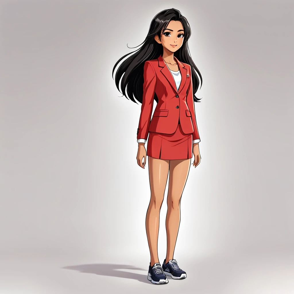 cartoon, vector illustration, no gradient, solid color fill, an 18-year-old beautiful indonesian girl, solo, (1girl:1.9), Long straight Black Hair, Brown Eyes, Almond shaped Eyes, Heart shaped Face, Roman Nose, Olive Skin, detailed skin, no makeup, natural look, imperfect skin, long legs, (tall figure:1.2), (athletic fit-muscled body:1.2), defined abs, 8k, highly detailed, soft light, (white background:1.2), full smile, (red business suit:1.5), (using laptop in the office:1.9), full body view