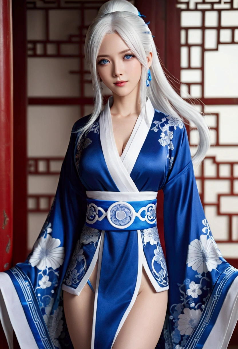 Full body, white hair anime style, blue eyes, Chinese clothes, sexy appearance, horny appearance, mature body