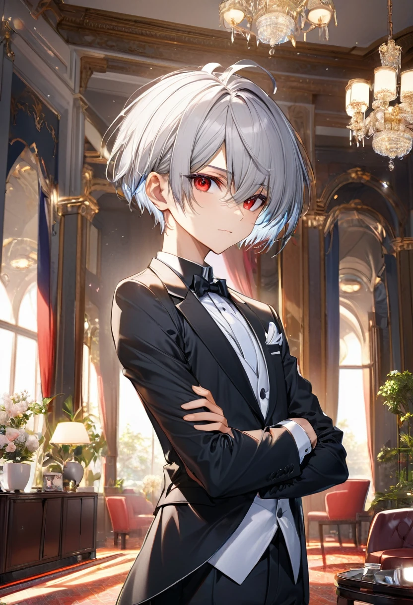 (pastel color style) (arms Standing with arms crossed) (solo:2, yo) (detailed cool crew cut silver hair very short hair) (smart divine sword fighter boy) (detailed cool red eyes) (cool serious face), in a butler suit, break, in the Lounge, BREAK, perfect anatomy, masterpiece, best quality, 16k, beautiful detailed grow, daydreaming expression.